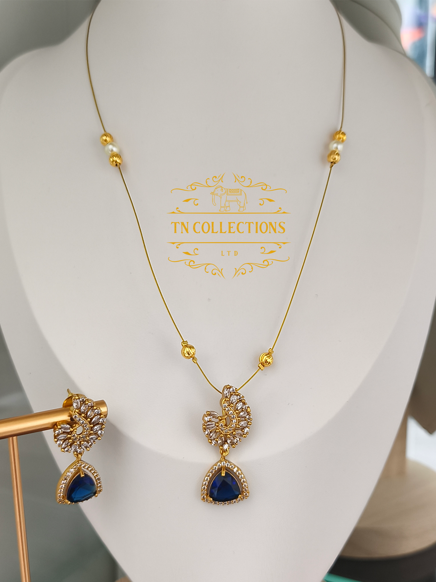 Matte Finish Indo western Invisible Necklace with earrings(Blue)