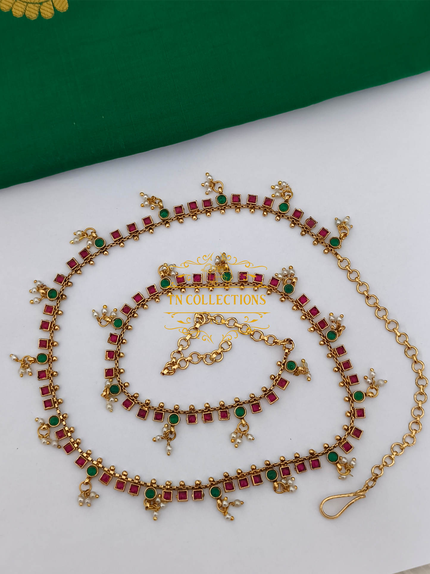 Kemp Stone Brass metal Hip Chain( Ruby & Green Stones)