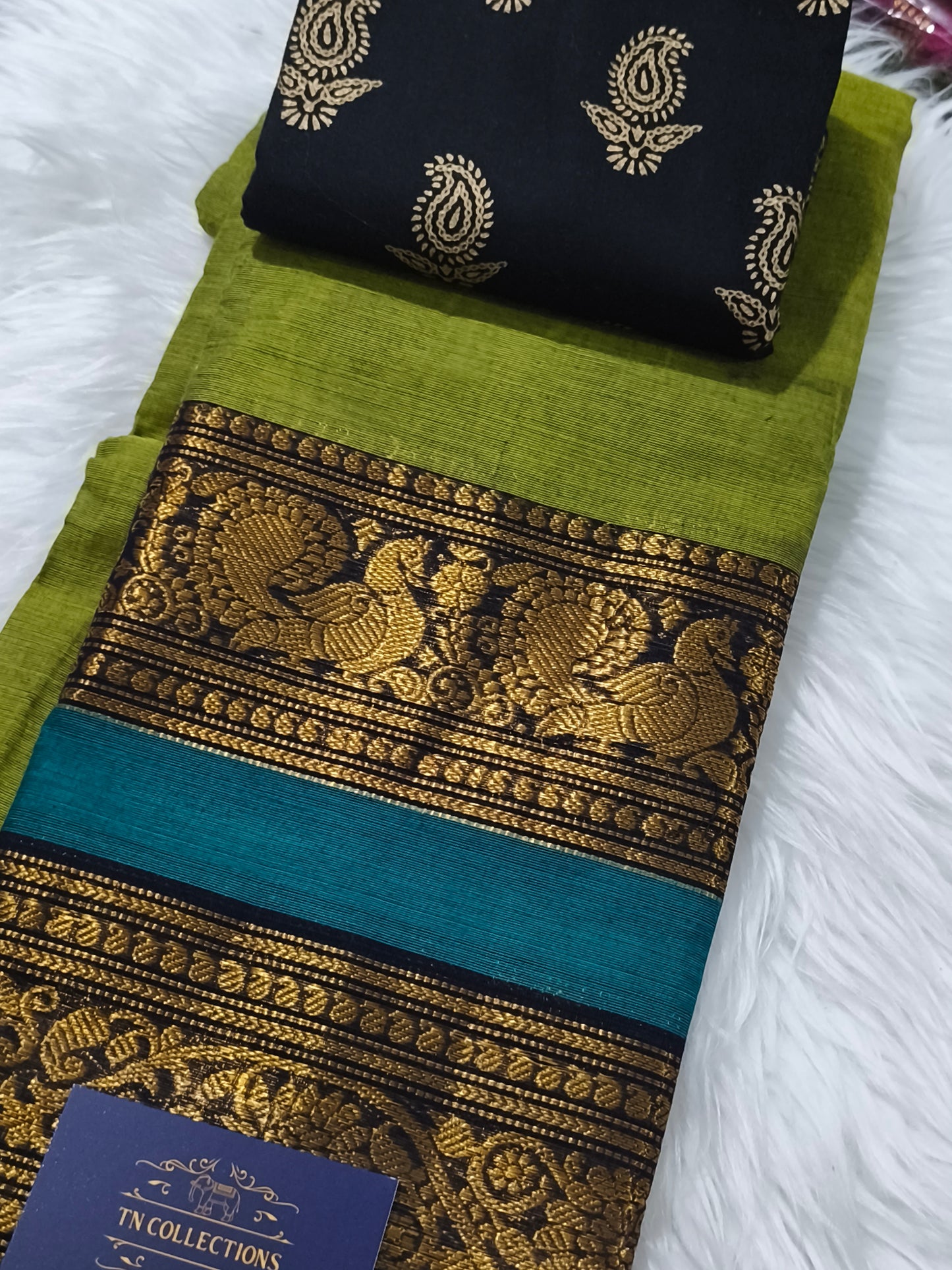 Green Pure Chettinad cotton saree with Kalamkarai blouse material