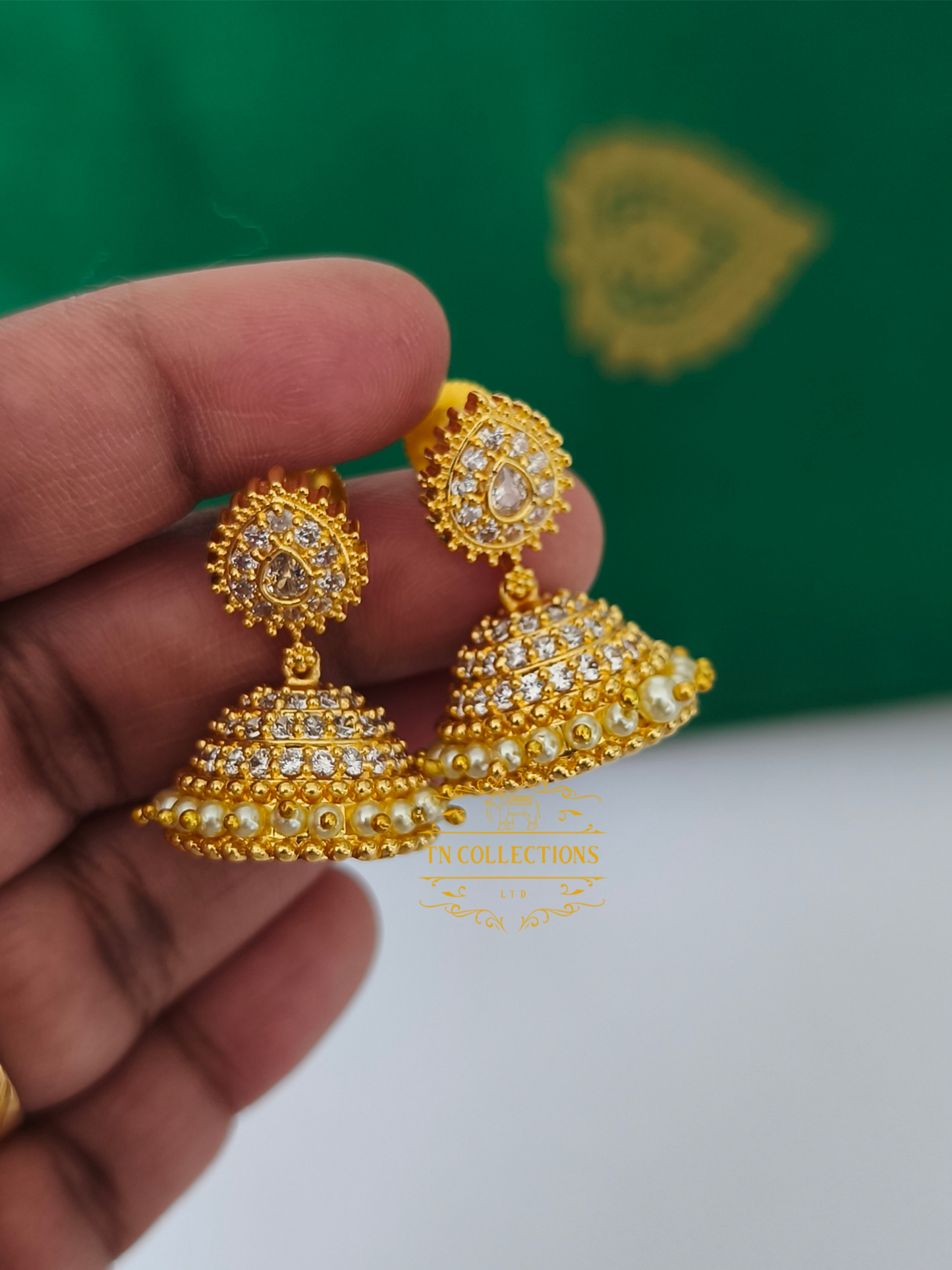 Micro Gold plated Jhumkas (Full White stones)