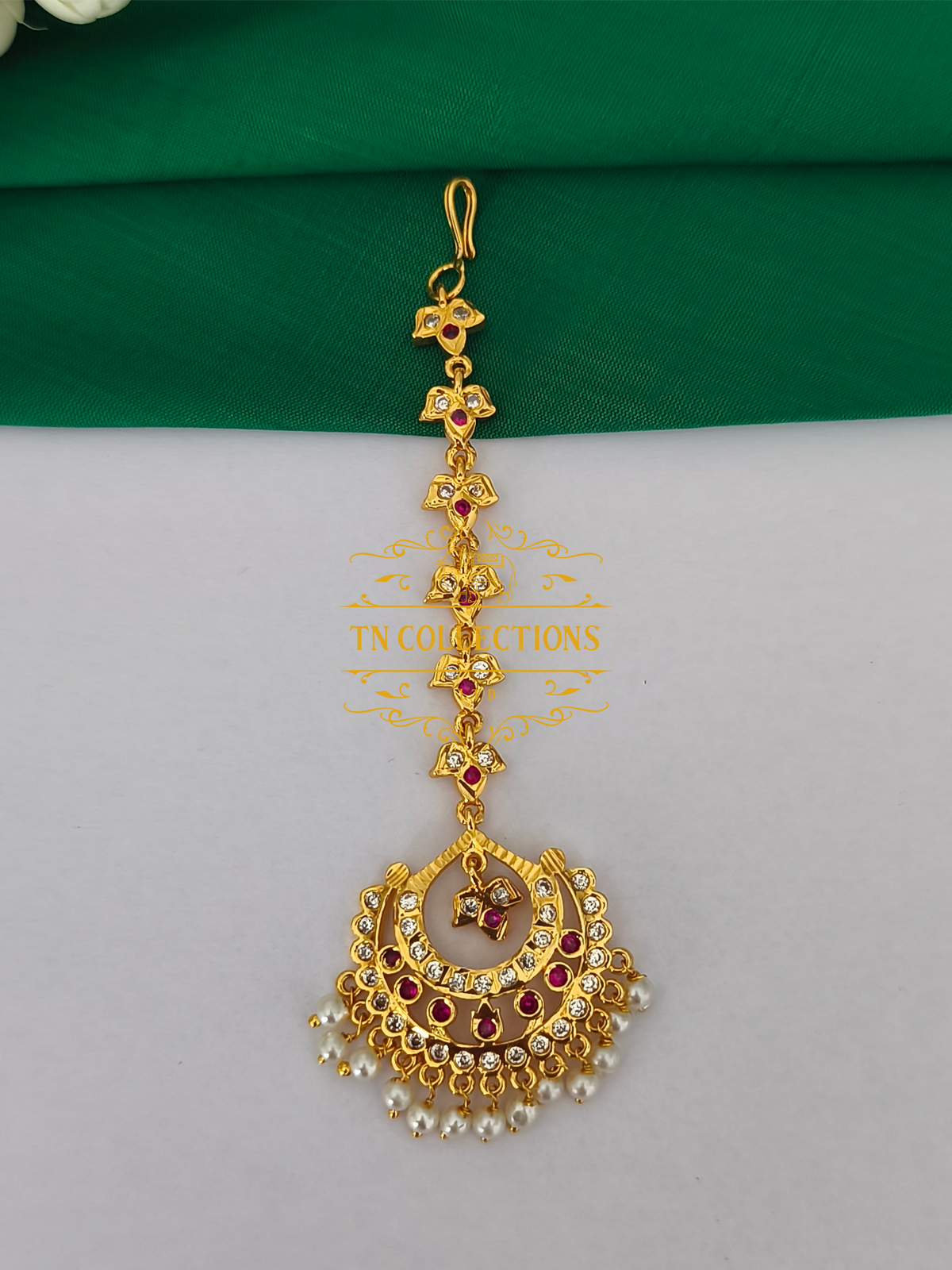 Micro Gold Finish cz stones Tikka (Ruby and white)