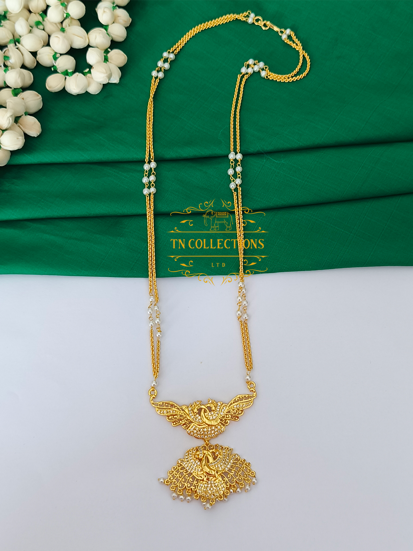 Micro Gold-Plated Traditional Pathakkam with Pearl Chain (Full white stones)