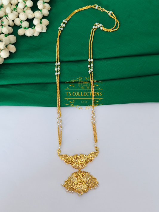 Micro Gold-Plated Traditional Pathakkam with Pearl Chain (Full white stones)