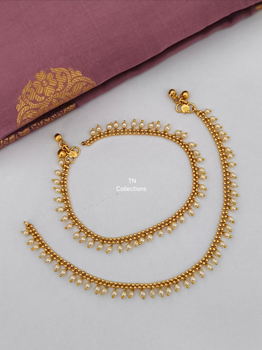 Antique Polish Trendy Anklets with Pearls (Paayal)