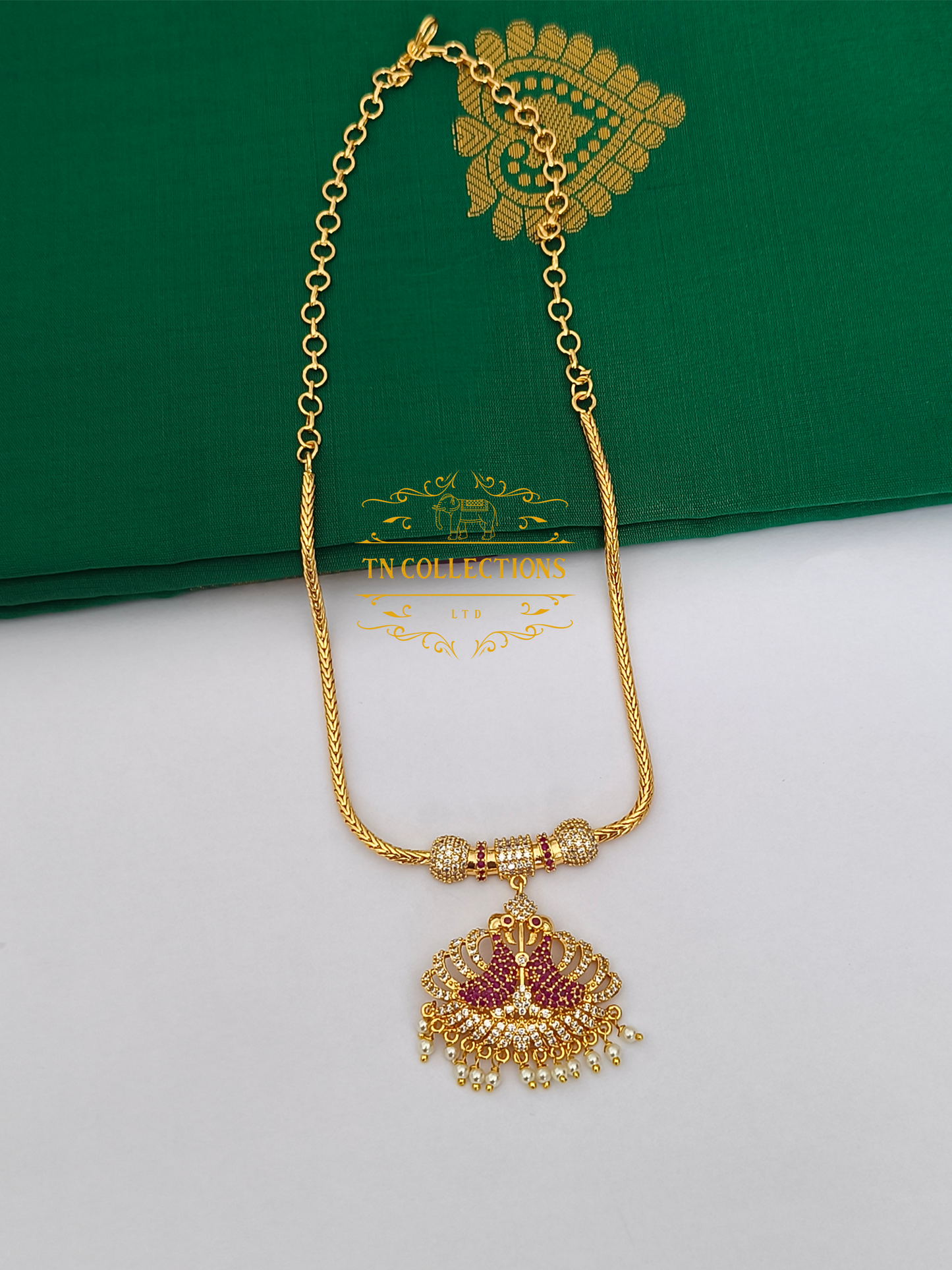 Micro Gold-Plated Peacock Attiyal (Ruby and white stones)