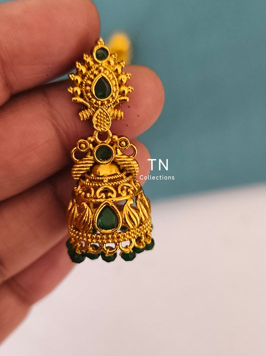 Matte Finish Earrings with green stone and pearls