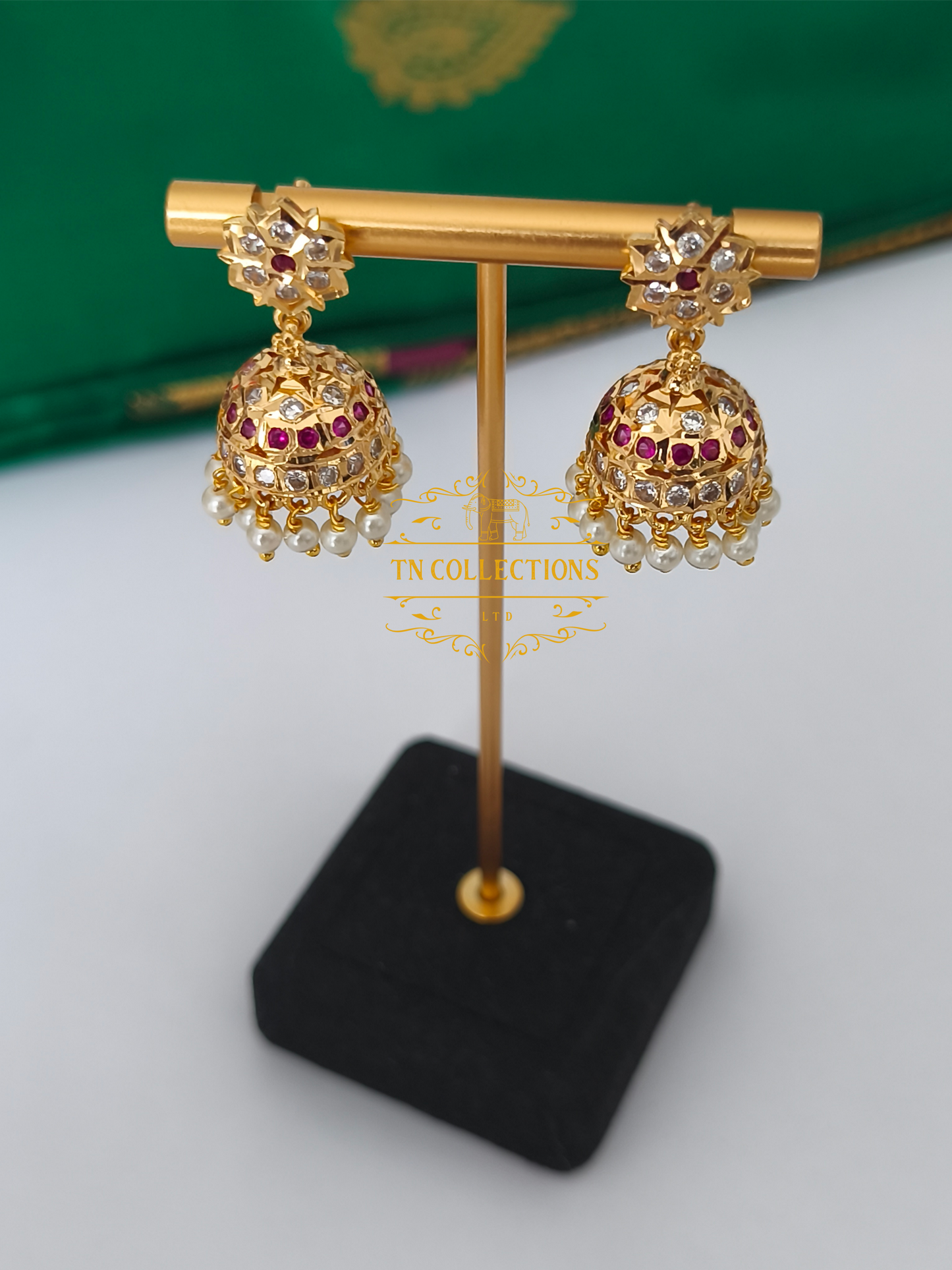 Impon Micro gold plated Earrings/Jhumka (Ruby &White stones)