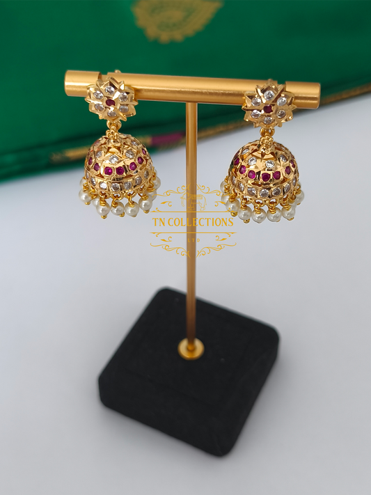 Impon Micro gold plated Earrings/Jhumka (Ruby &White stones)