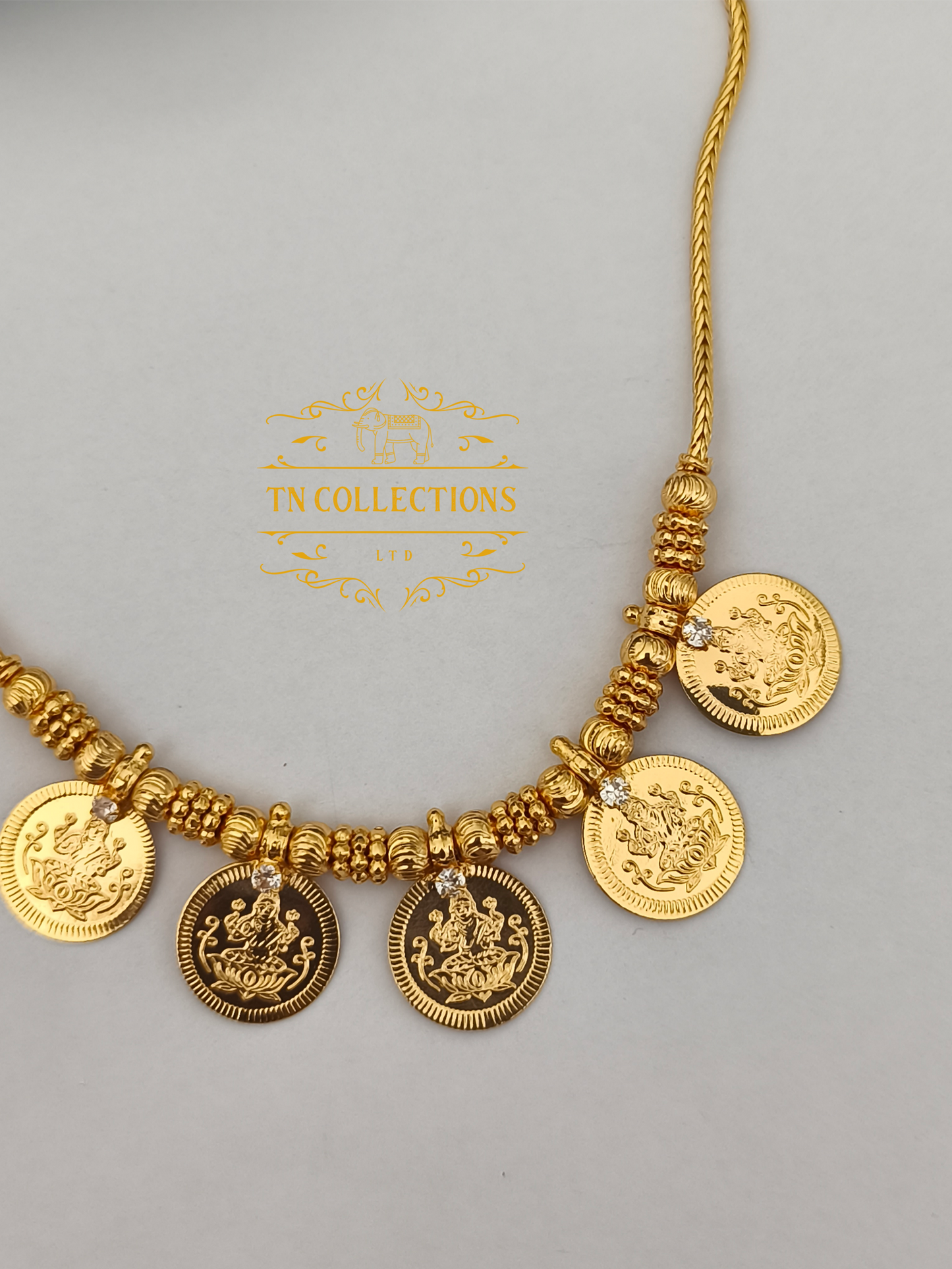 Micro Gold Finish Coin Necklace (white stones)