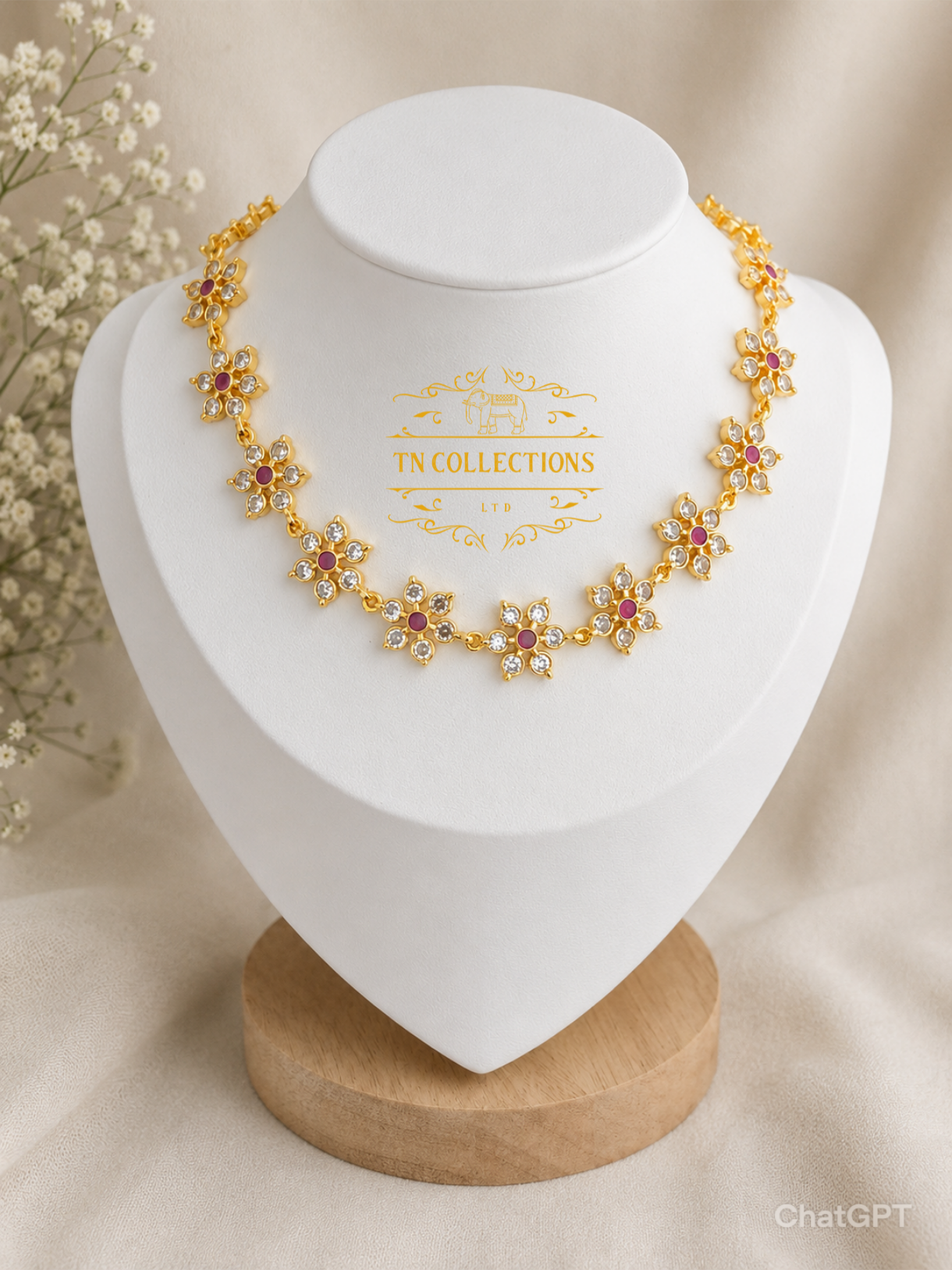 Micro Gold-Plated Floral Choker Necklace (Ruby & White stones)
