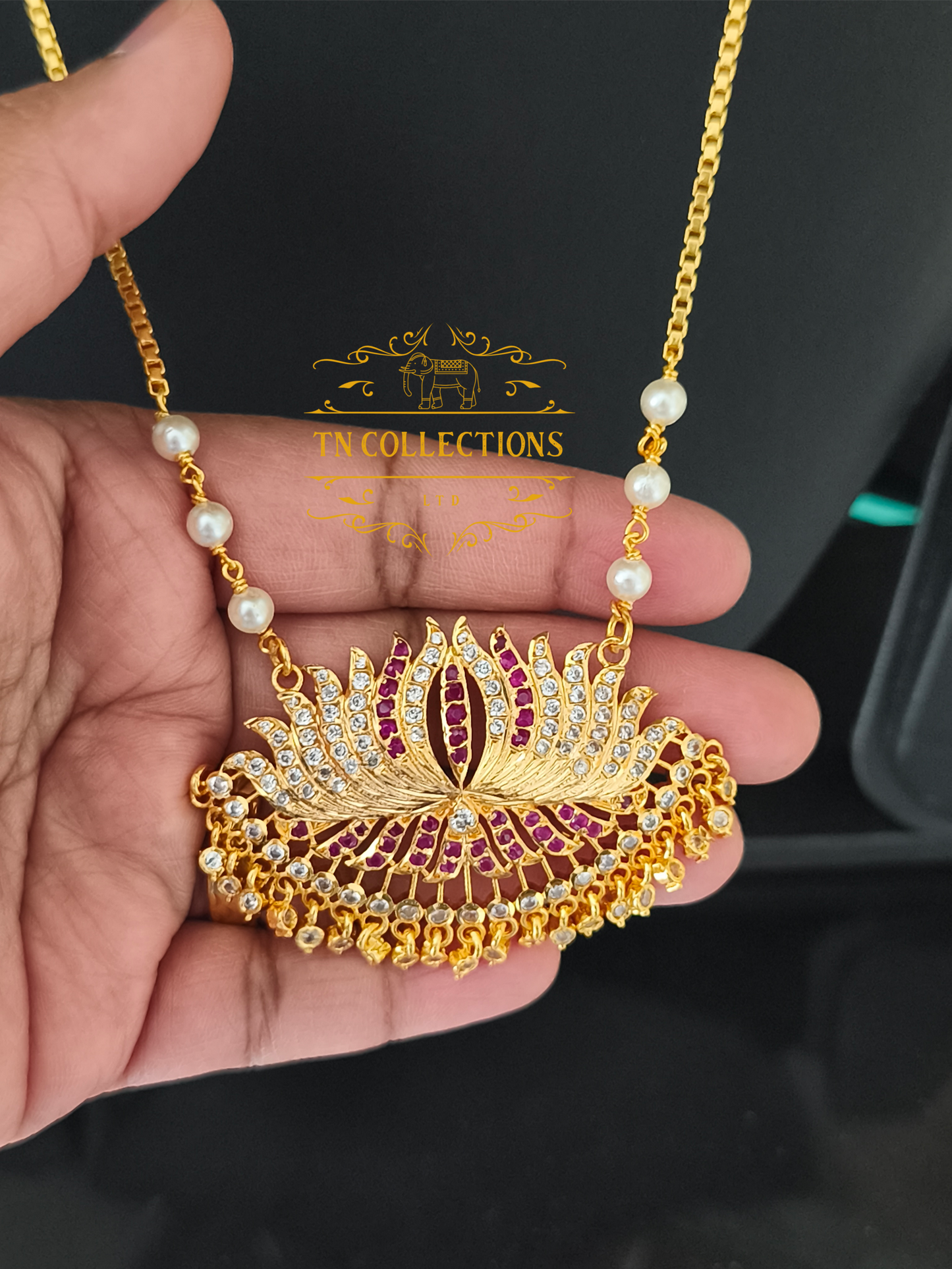 Micro Gold-Plated Traditional lotus Pathakkam with Pearl chain