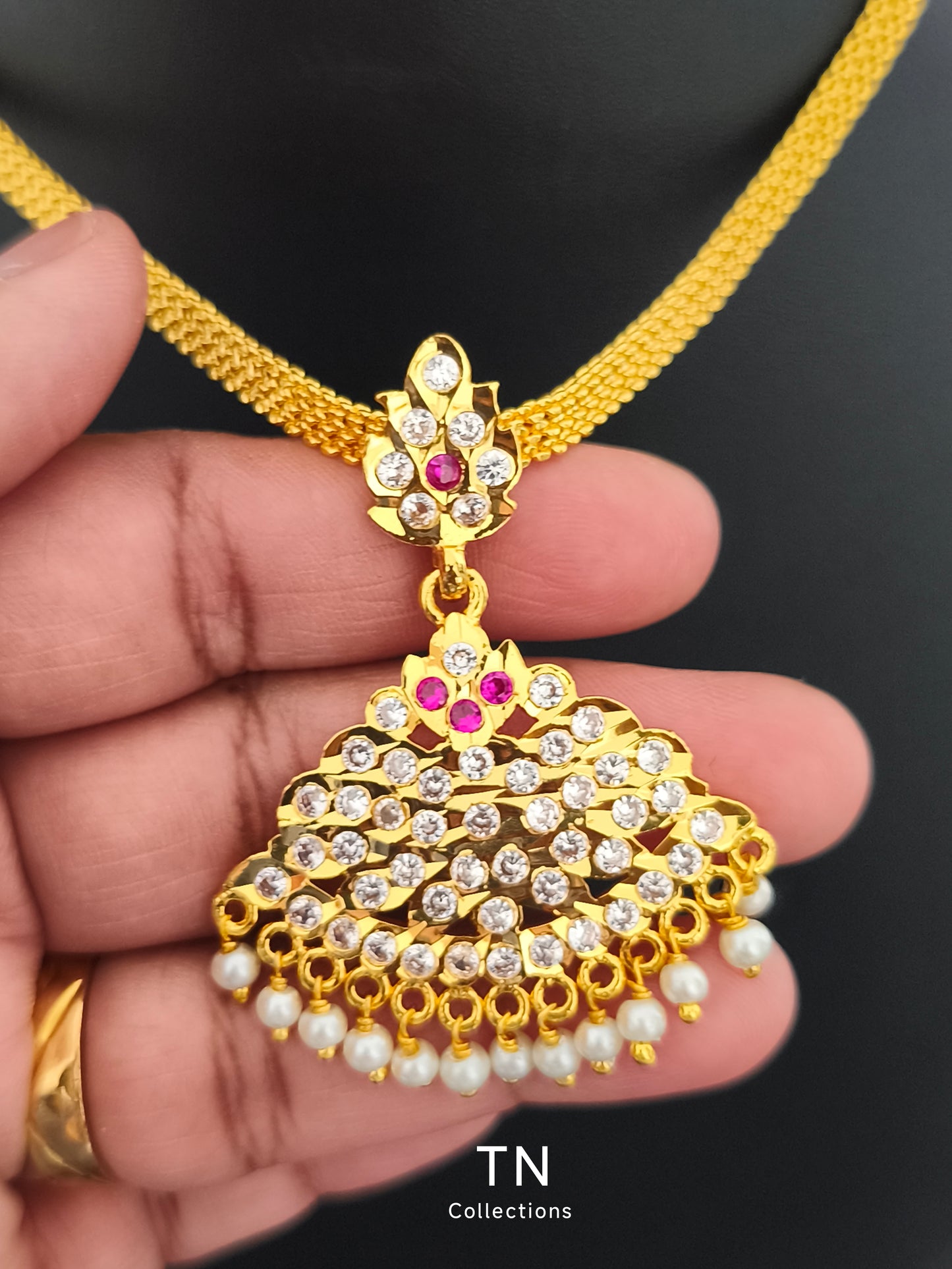Traditional Impon Attiyal White and Ruby stones pearls hanging