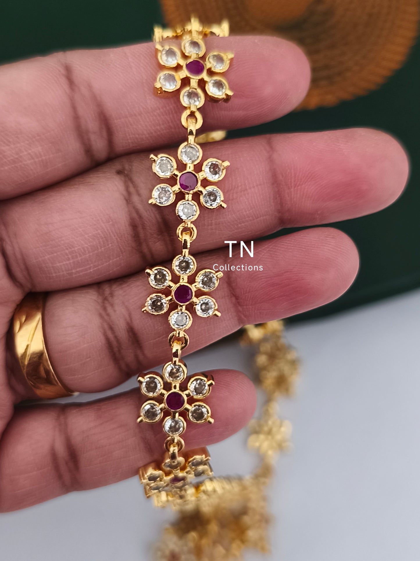 Micro gold plated Flower Design Hip Chain (Ruby & White)