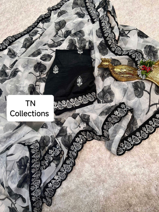 Black Leaf Design Soft Chiffon Georgette Party Saree with black contrast blouse