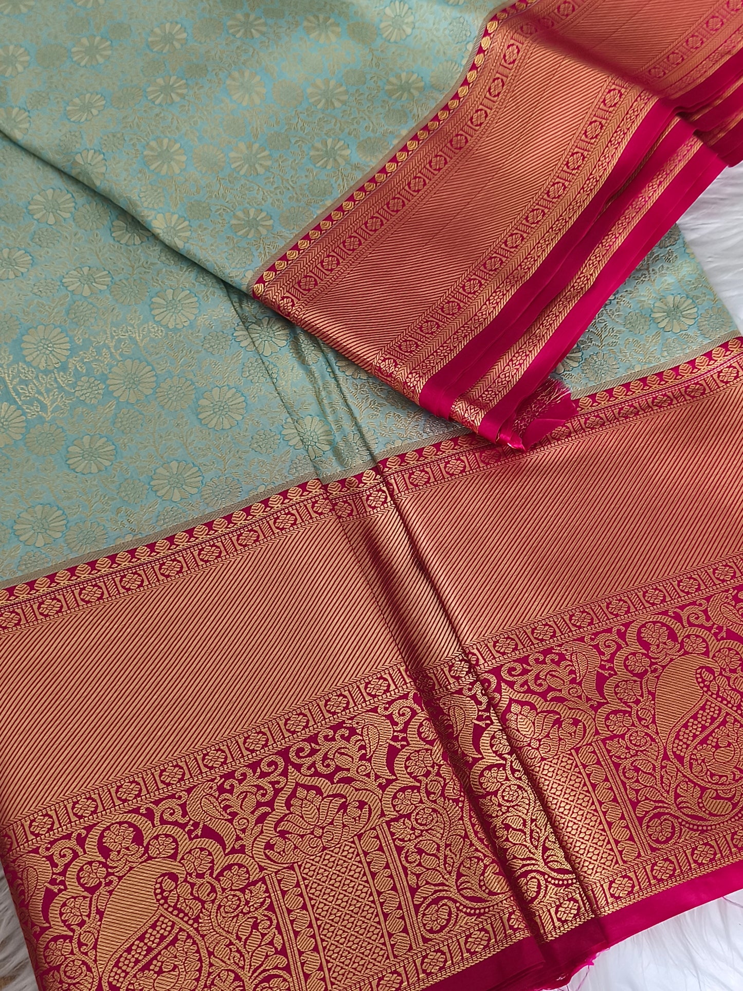 Traditional Semi Kanchipuram Silk saree with contrast blouse