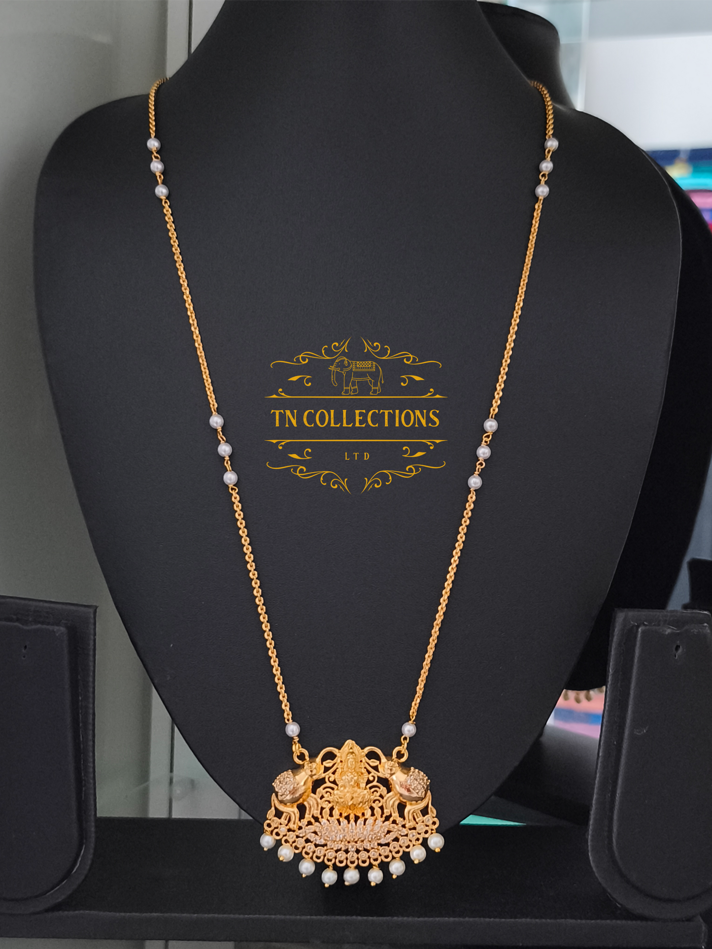 Micro Gold-Plated Lakshmi Pathakkam with single layer pearl chain (Full white stones)