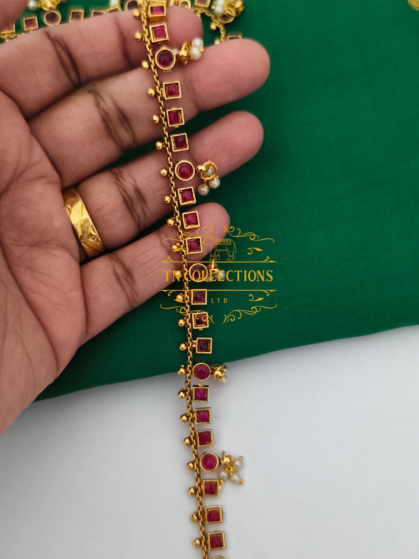Kemp Stone Brass metal Hip Chain (Ruby Coloured Stone )
