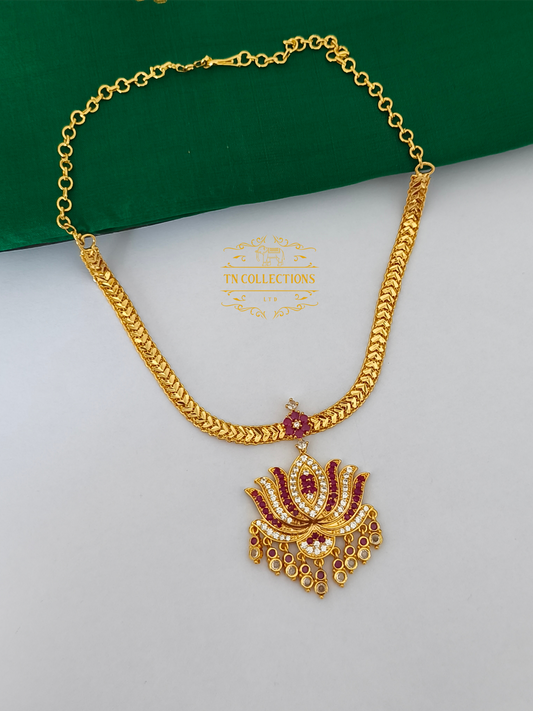 Micro Gold plated Lotus Necklace (Ruby & White stones)