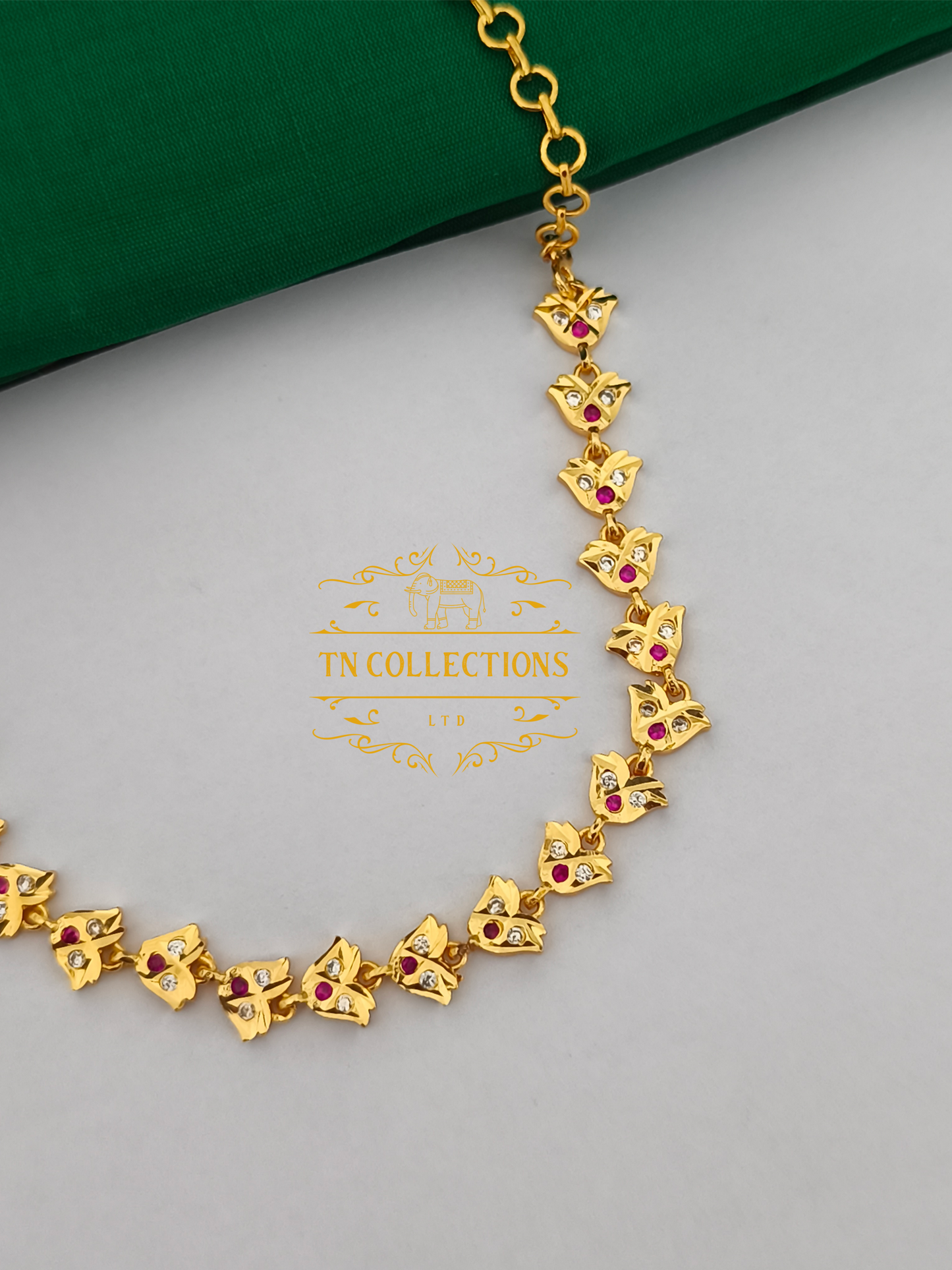 Micro Gold-Plated Impon Choker Necklace (Ruby & White stones)
