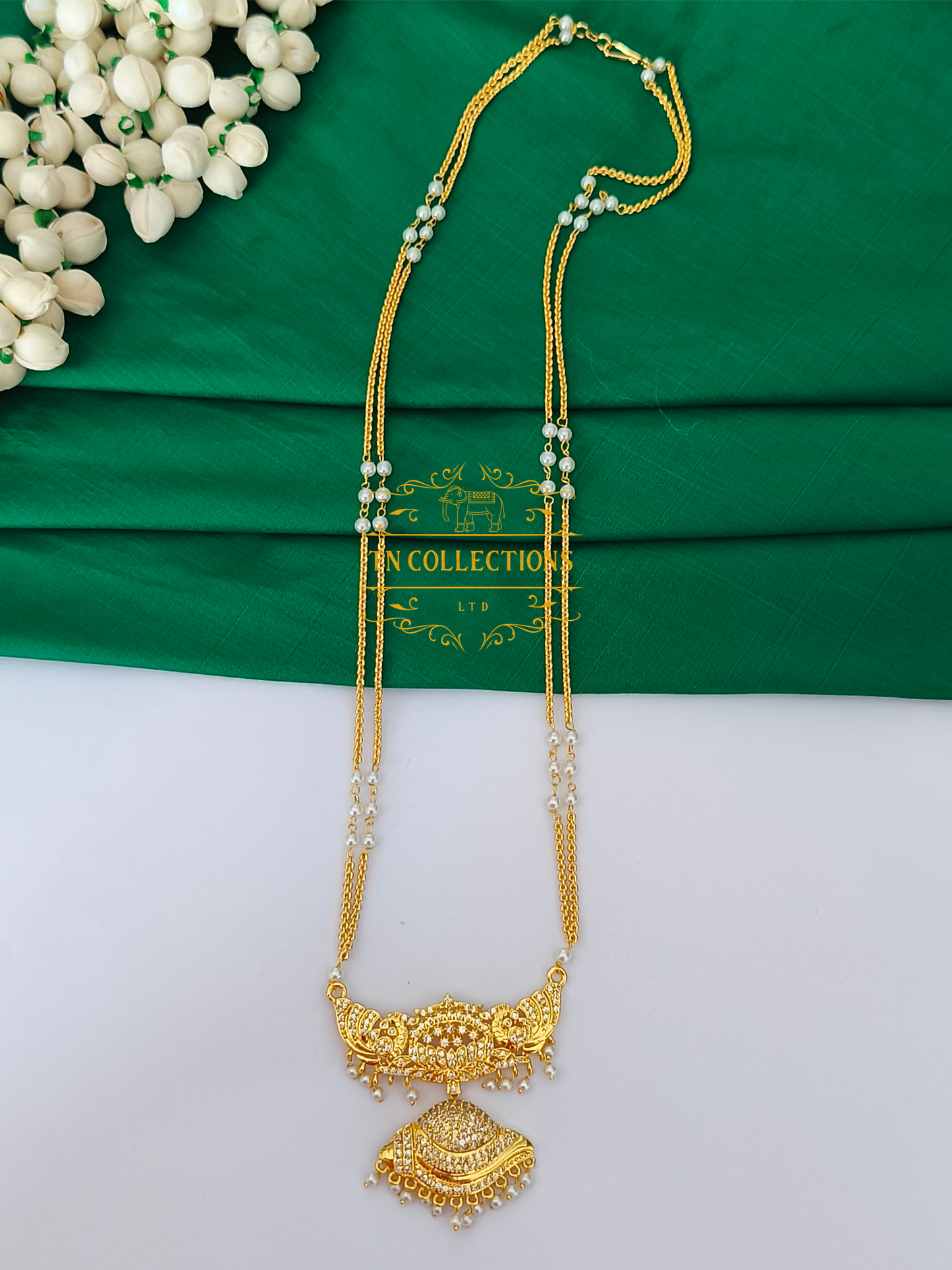 Micro Gold Finish Traditional Pathakkam with Pearl chain (Full White stones)