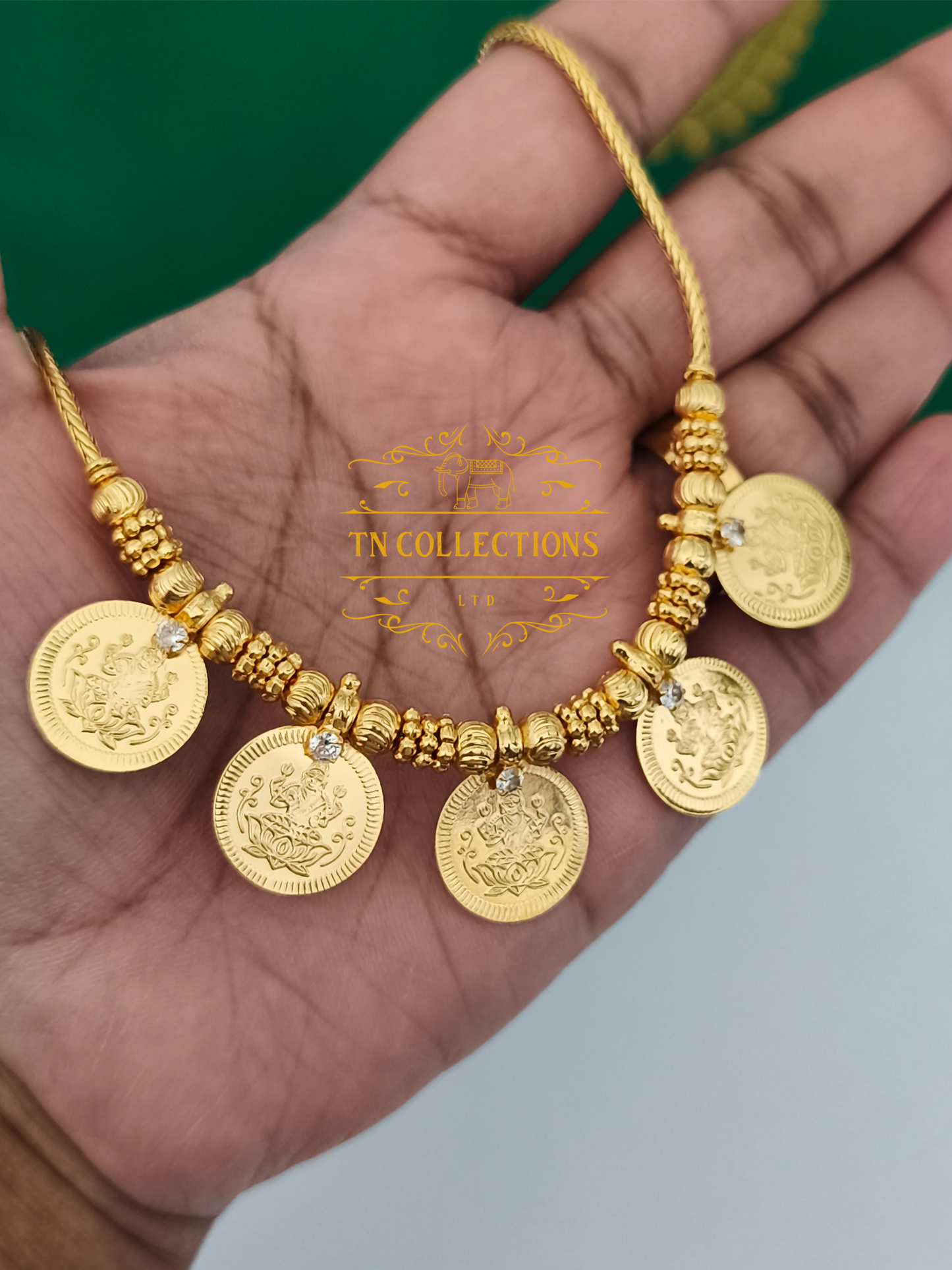 Micro Gold Finish Coin Necklace (white stones)
