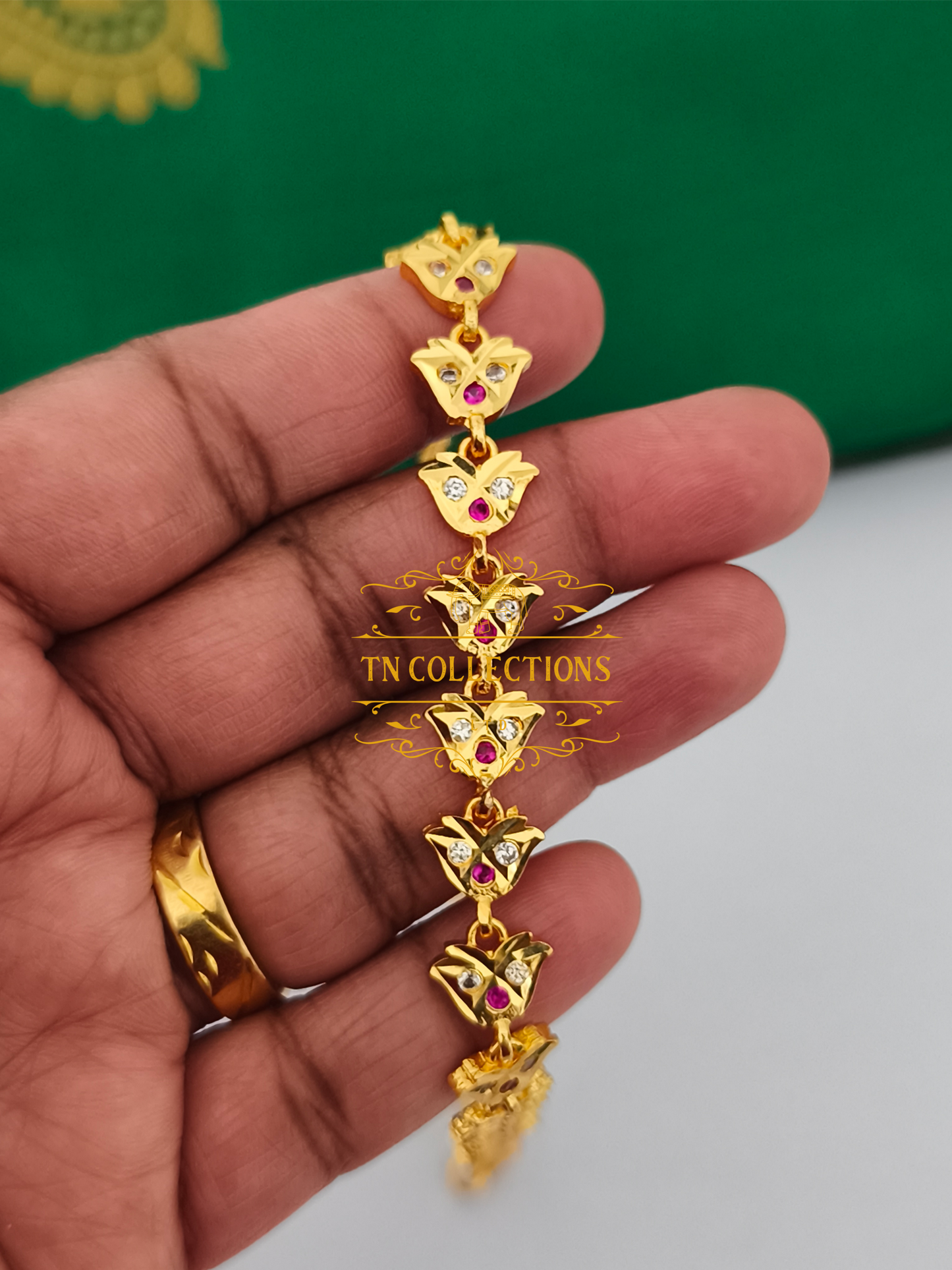 Micro Gold-Plated Impon Choker Necklace (Ruby & White stones)