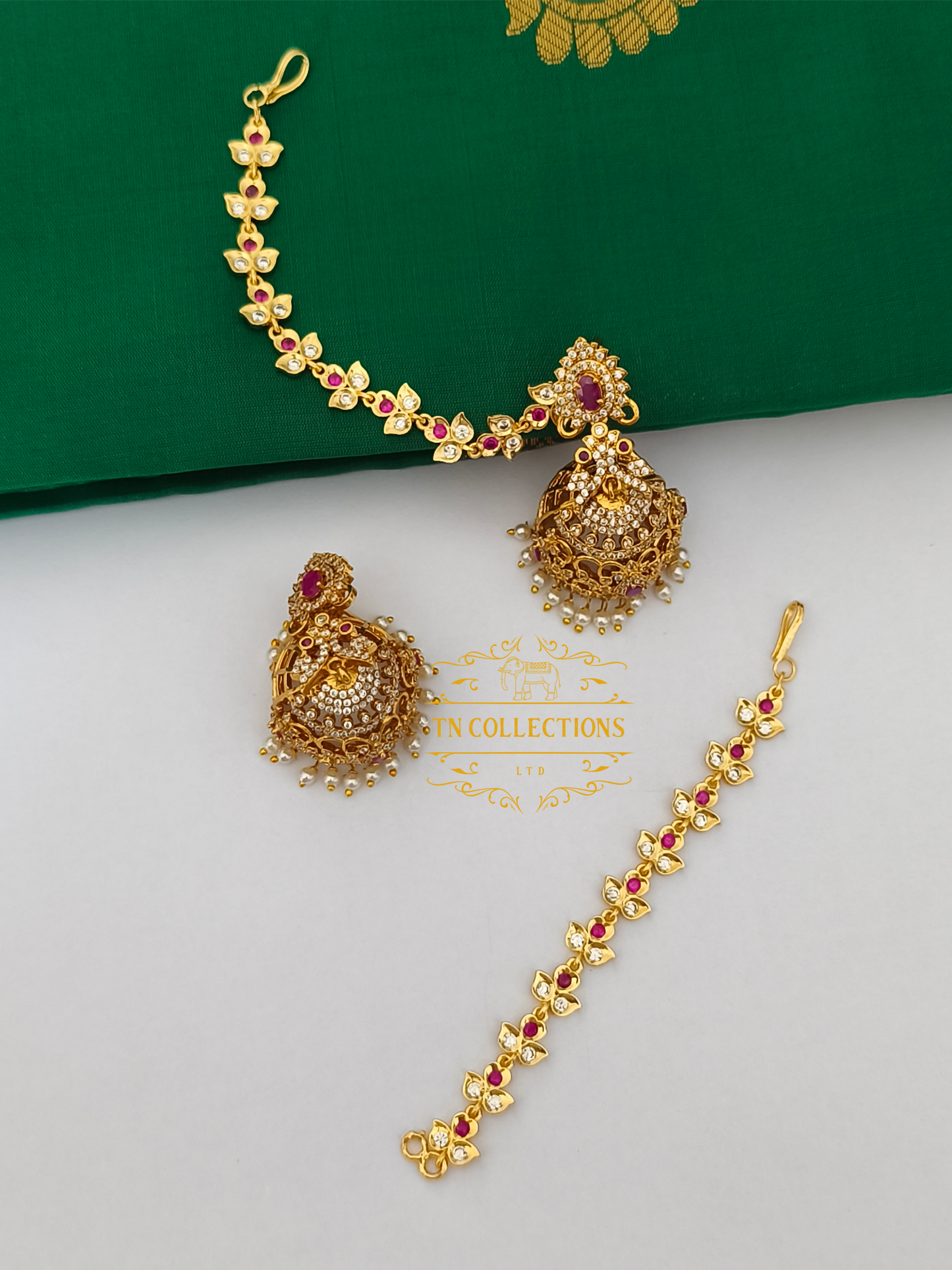 Micro Gold Finish Jumka with Maatal (Ruby & white stones)