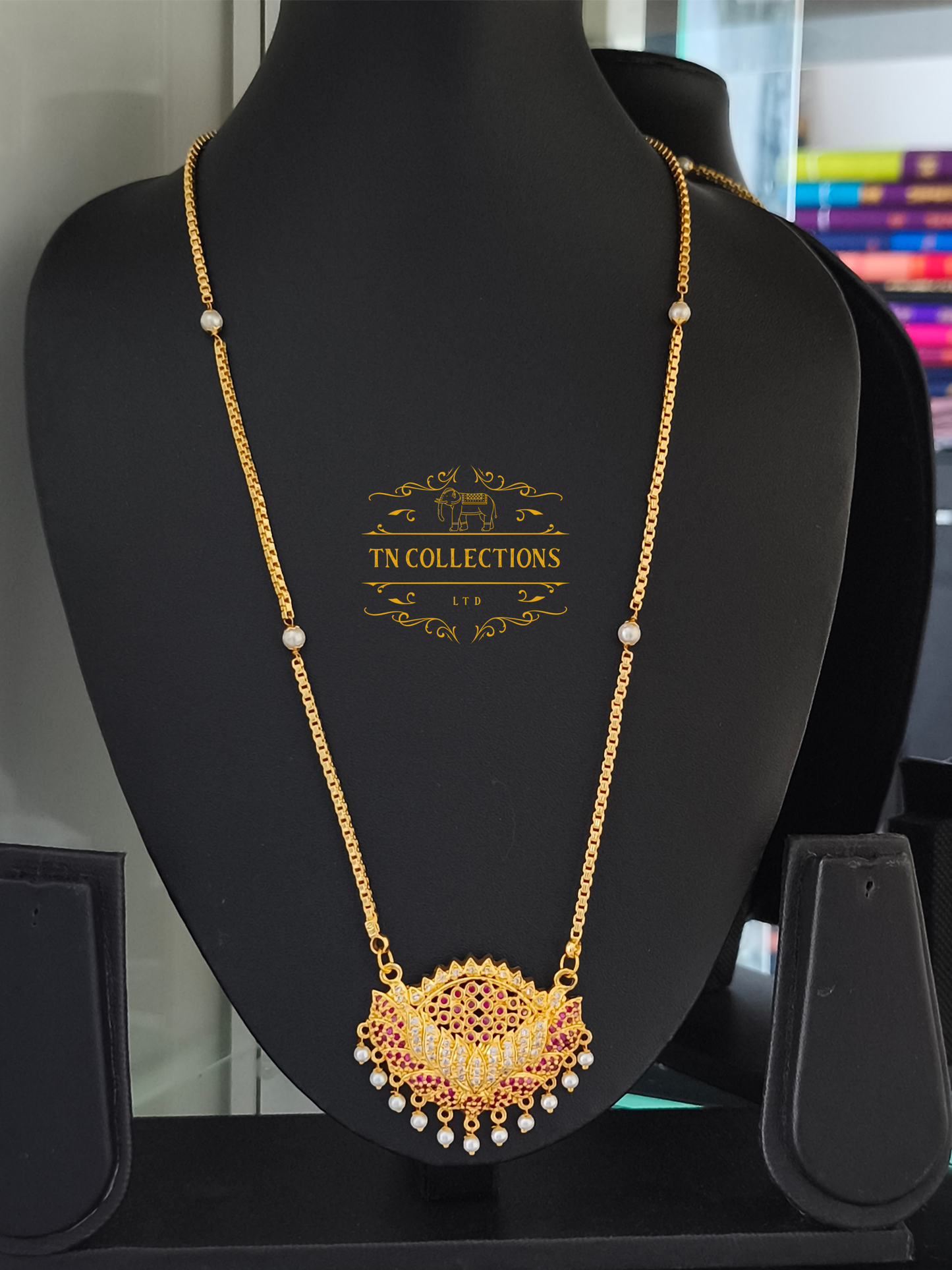 Micro Gold plated Pathakkam with pearl chain (Ruby & White Stones)