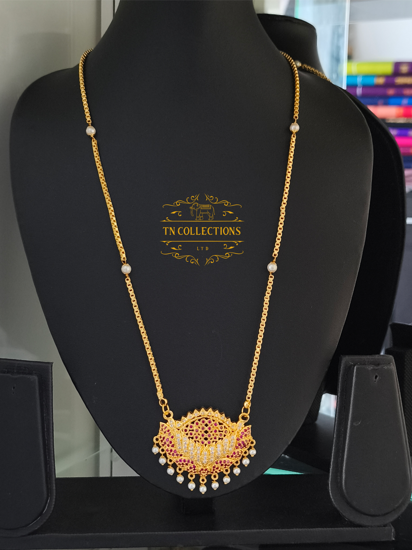 Micro Gold plated Pathakkam with pearl chain (Ruby & White Stones)