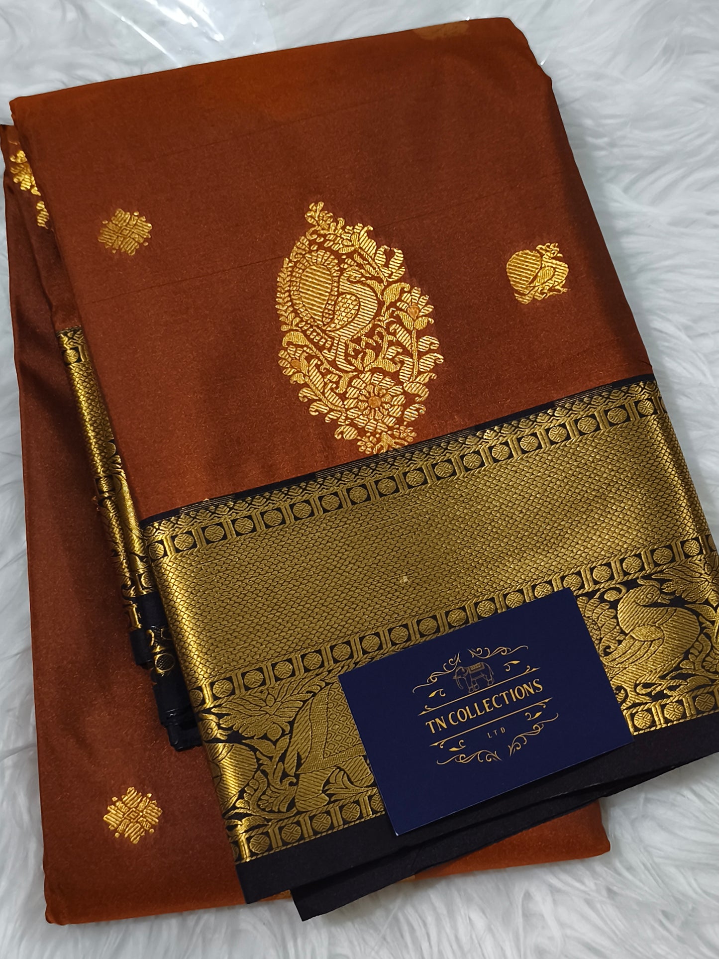 Trendy Vintage Rusty Orange with Dark Brown Kanchi Semi silk saree