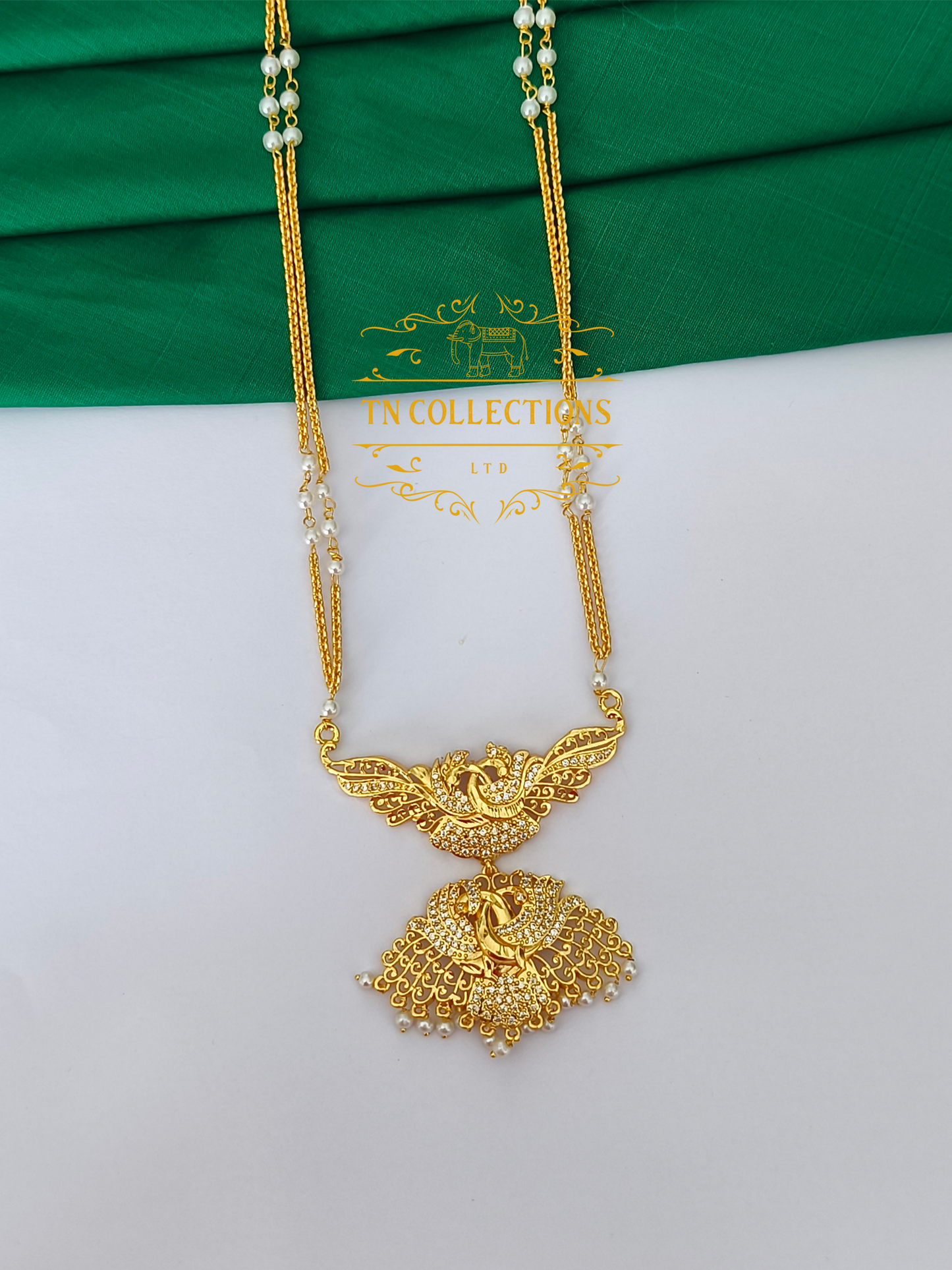 Micro Gold-Plated Traditional Pathakkam with Pearl Chain (Full white stones)