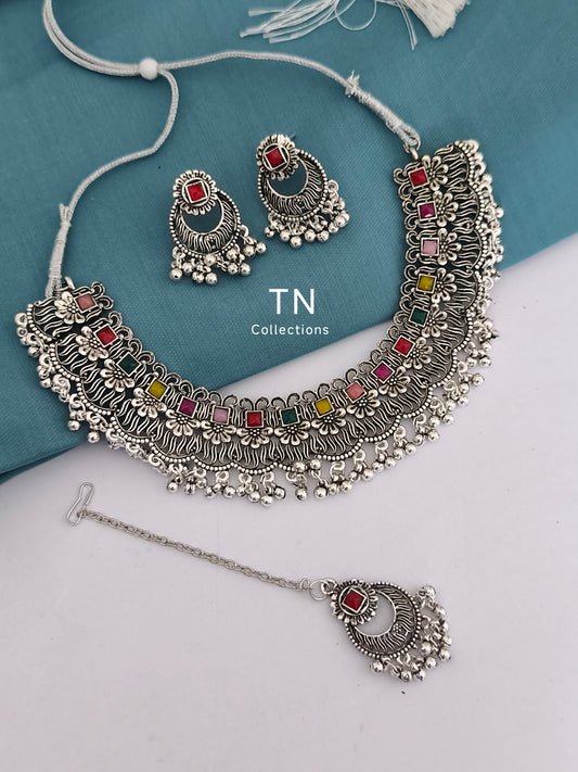 Silver Multi coloured Necklace Set