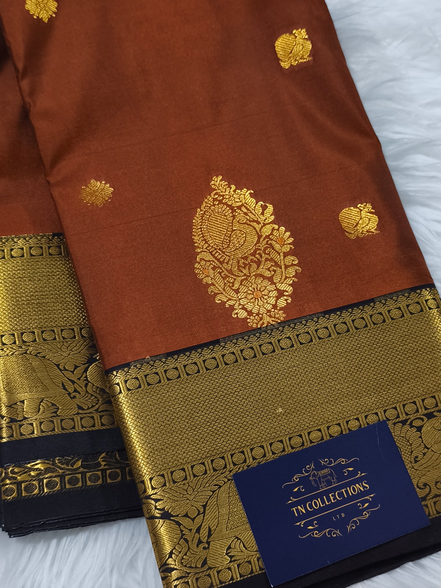 Trendy Vintage Rusty Orange with Dark Brown Kanchi Semi silk saree