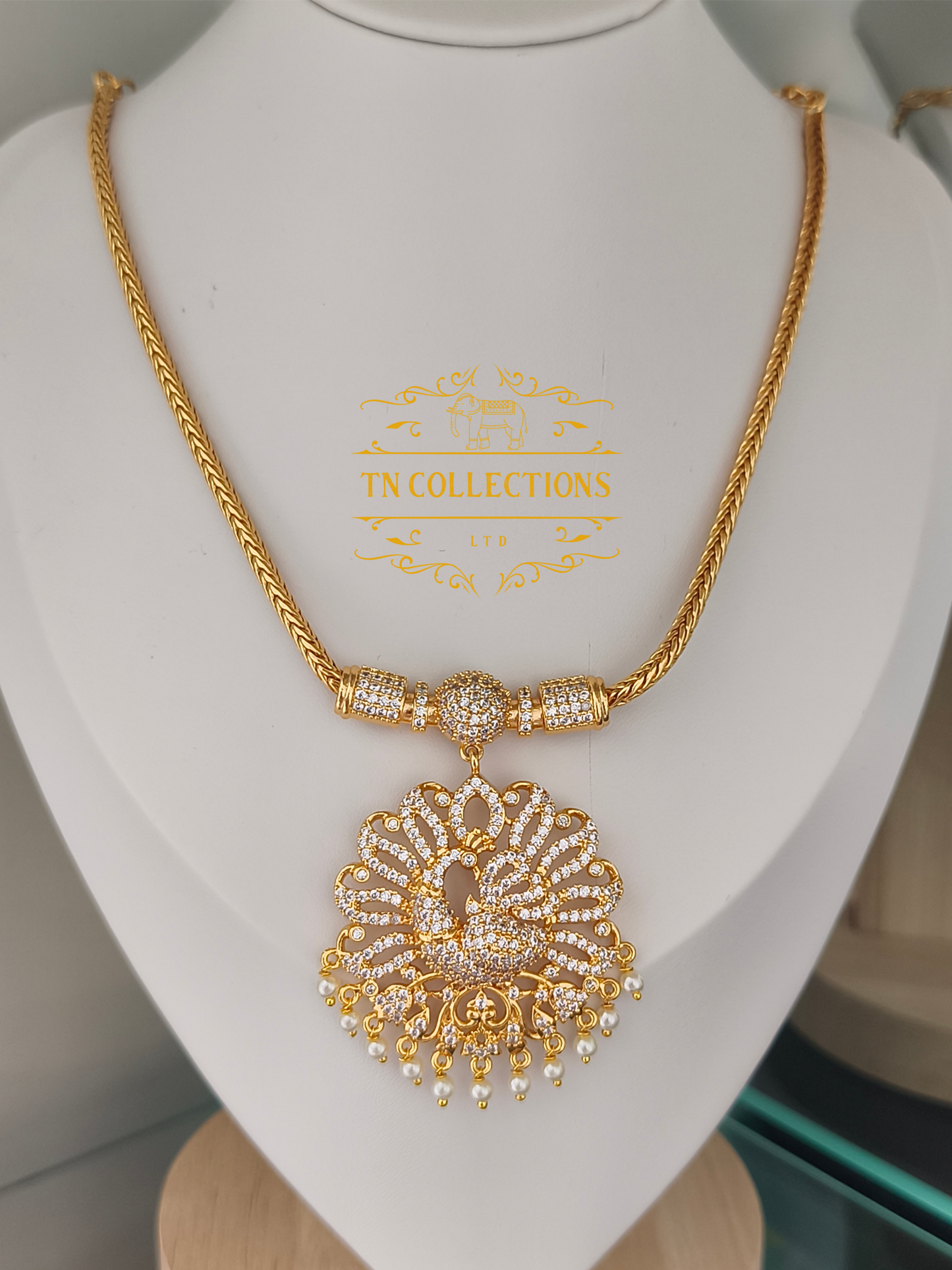 Micro Gold-Plated Peacock Attiyal (Full White stones)