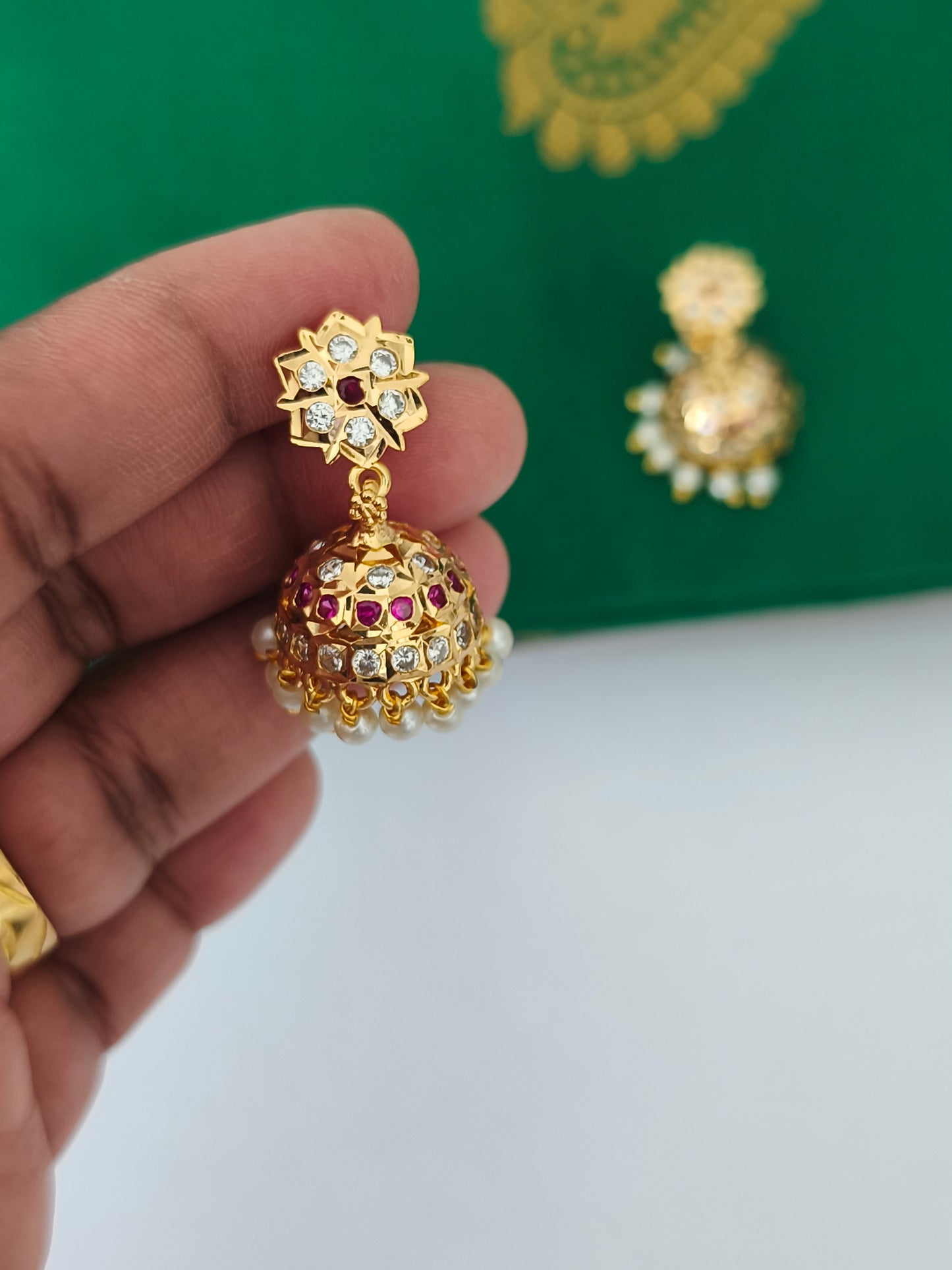 Micro Gold-Plated Traditional Peacock Design Attiyal Pathakkam Set (Ruby & White)
