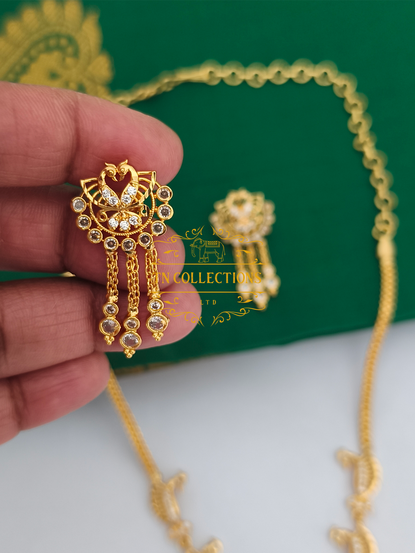 Micro Gold-Plated Traditional Peacock Design Necklace Set (Full White stones)