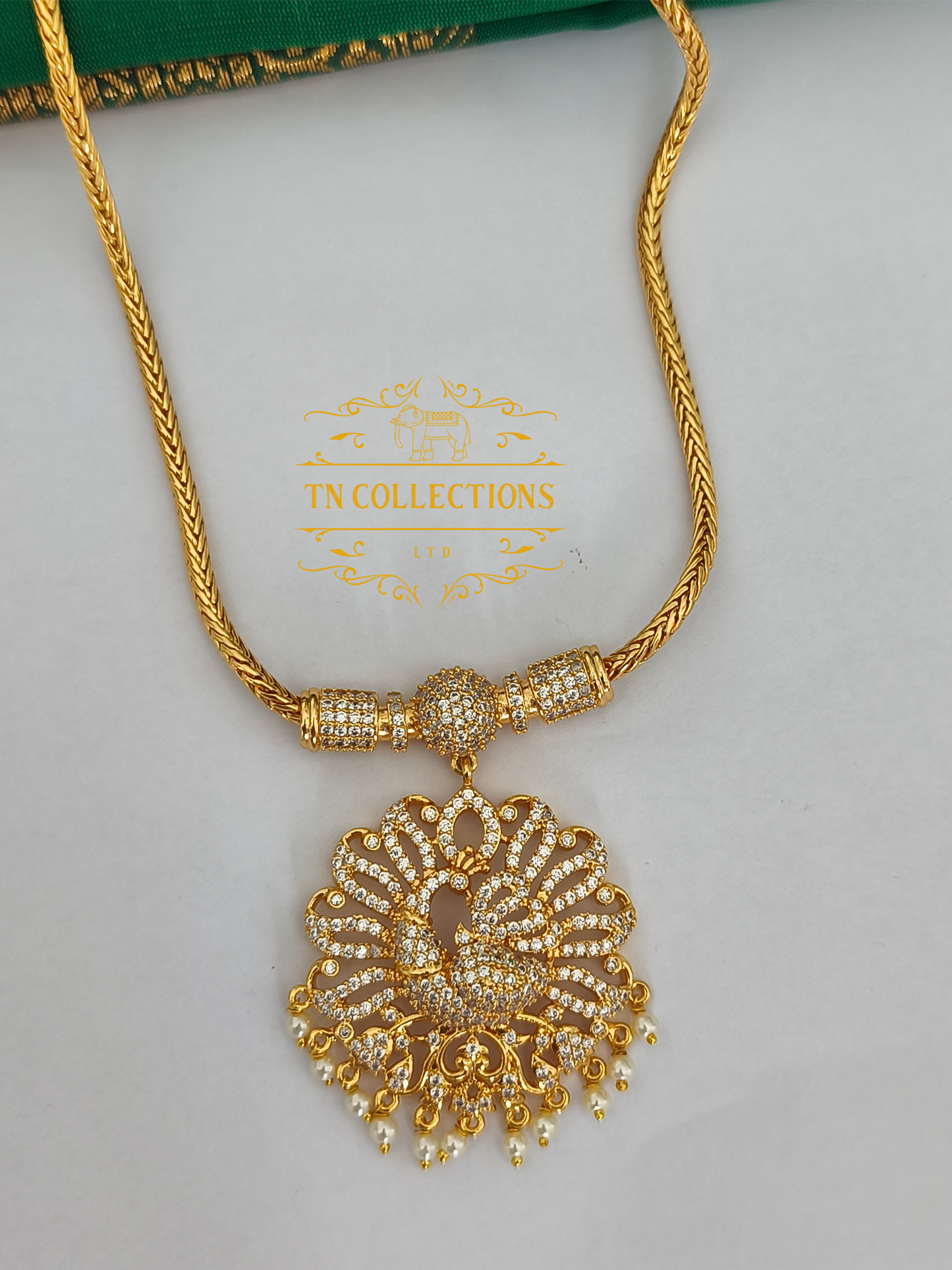 Micro Gold-Plated Peacock Attiyal (Full White stones)