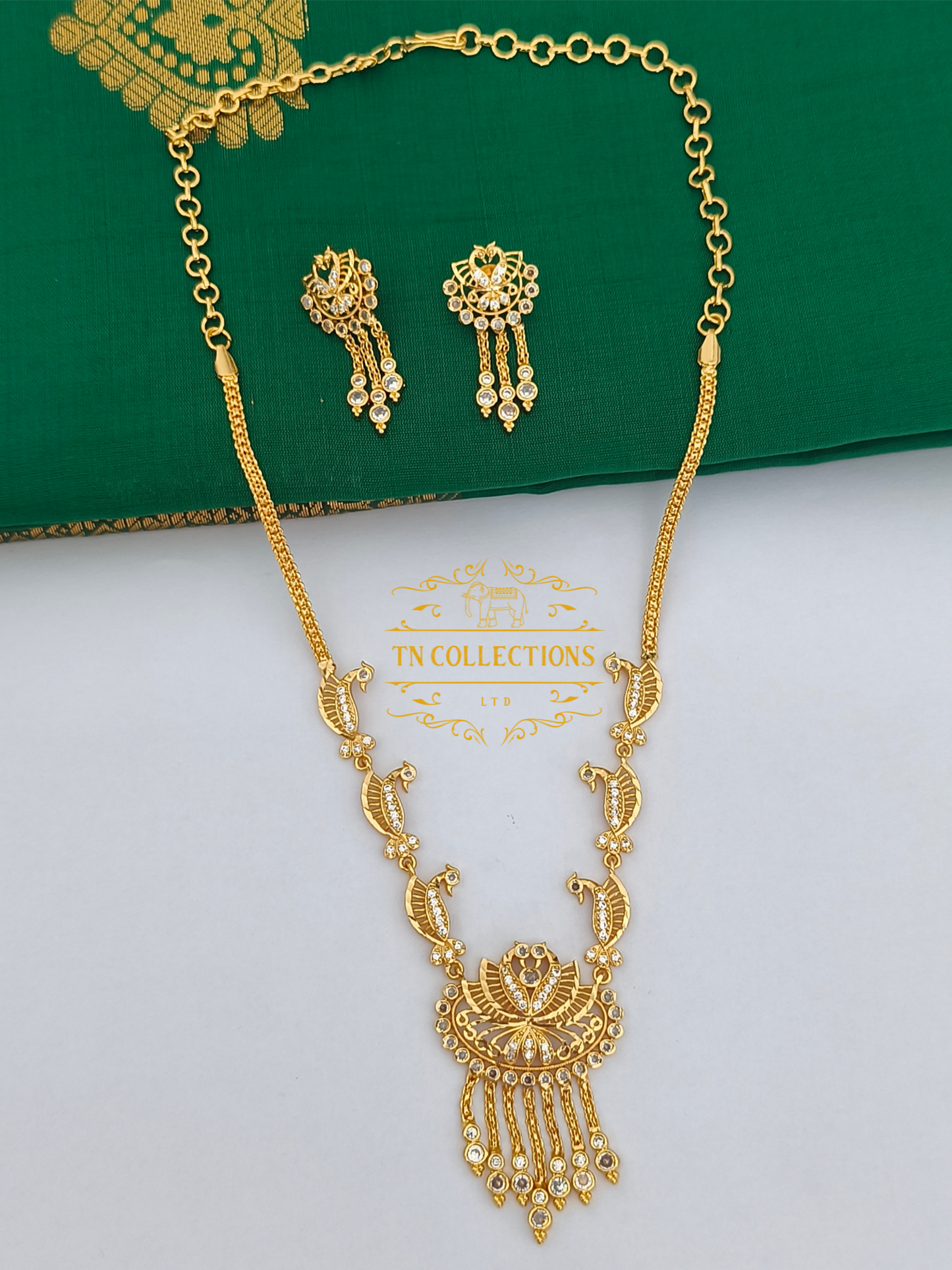 Micro Gold-Plated Traditional Peacock Design Necklace Set (Full White stones)
