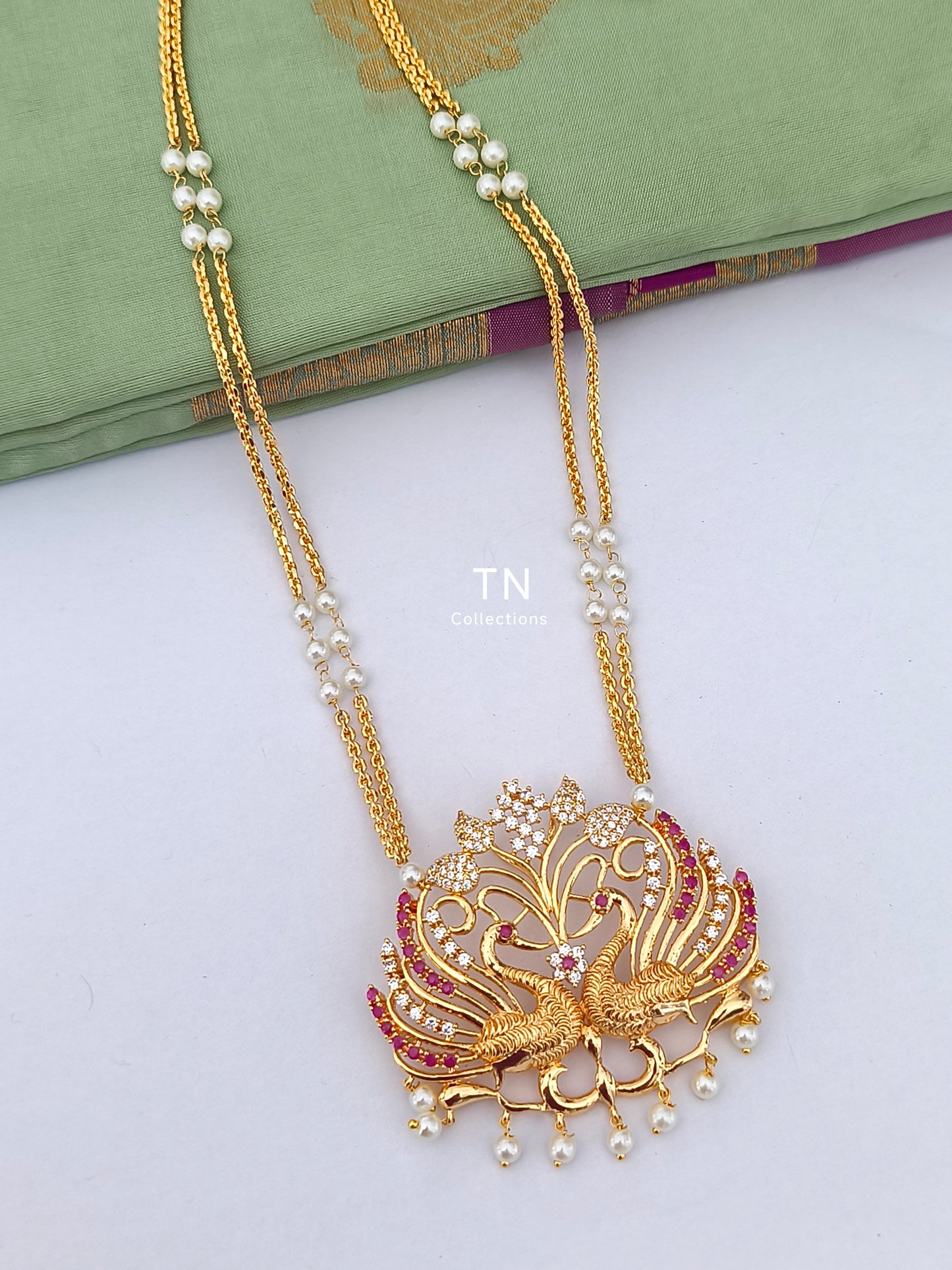 Micro gold plated Peacock Design Pathakkam with pearl chain