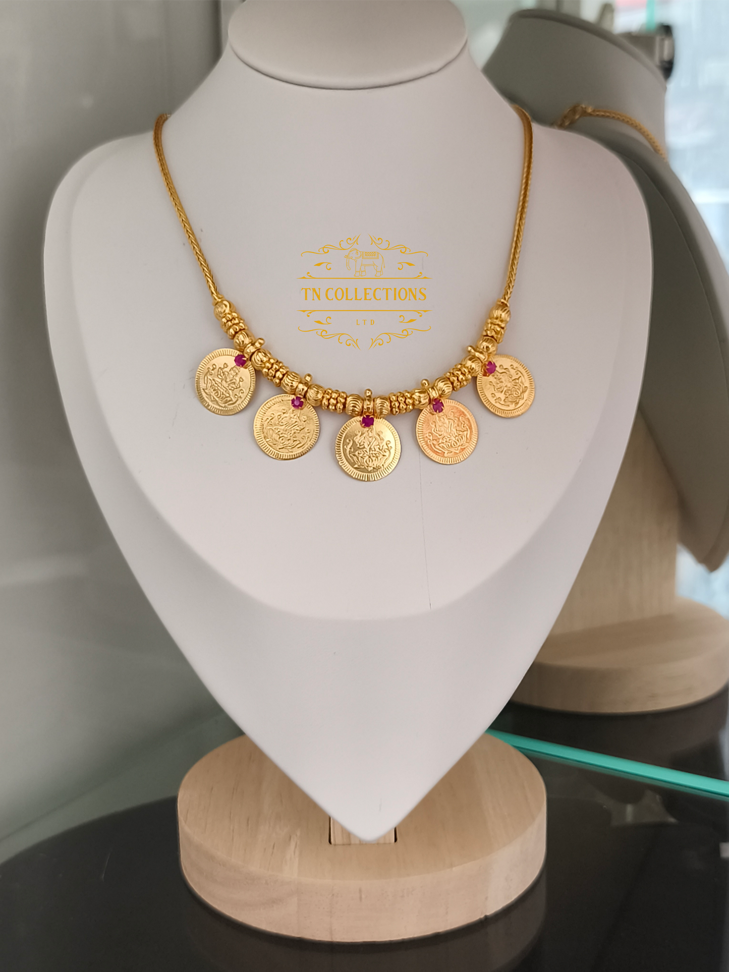 Micro Gold Finish Coin Necklace (Ruby stone)