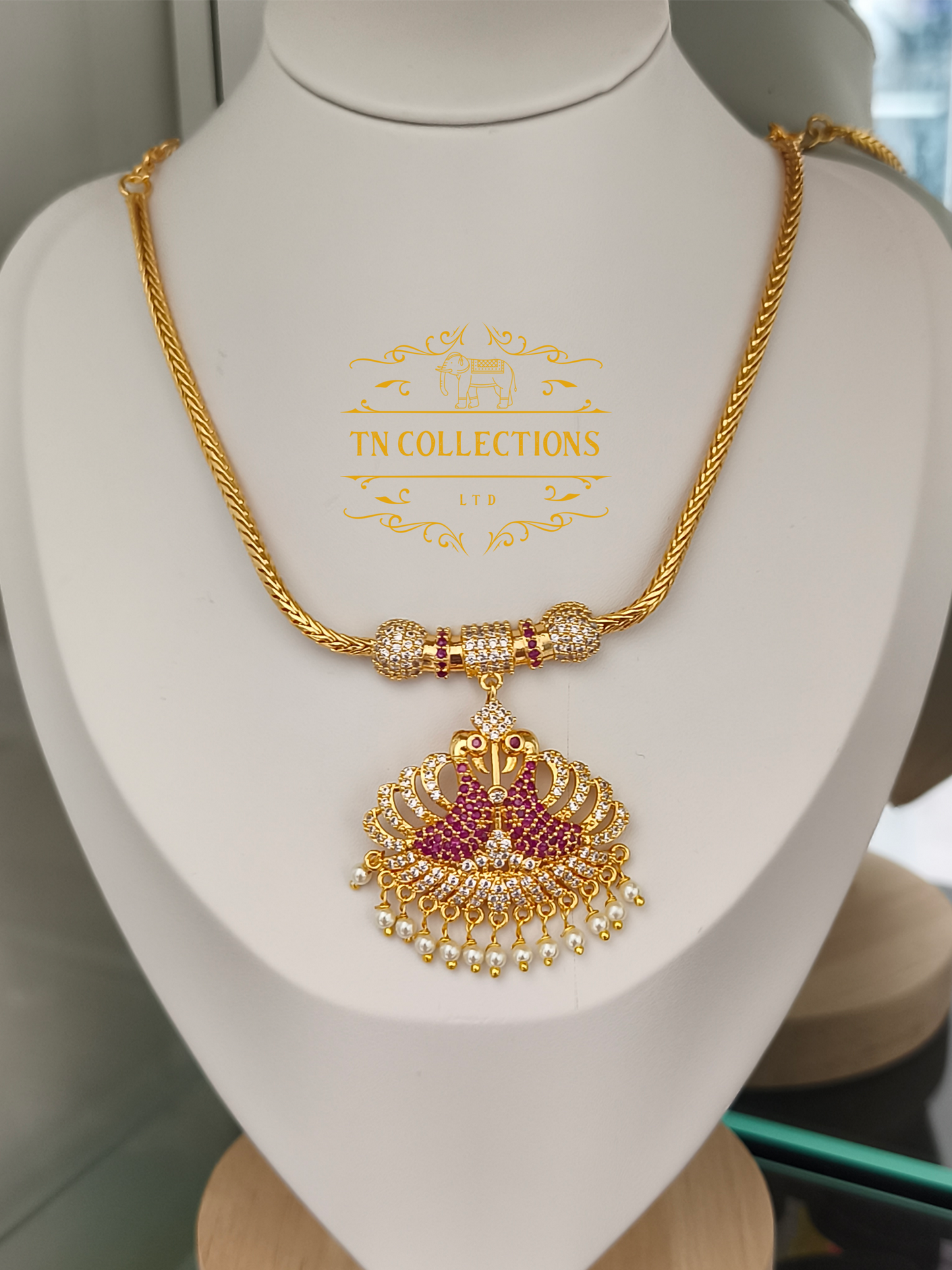Micro Gold-Plated Peacock Attiyal (Ruby and white stones)