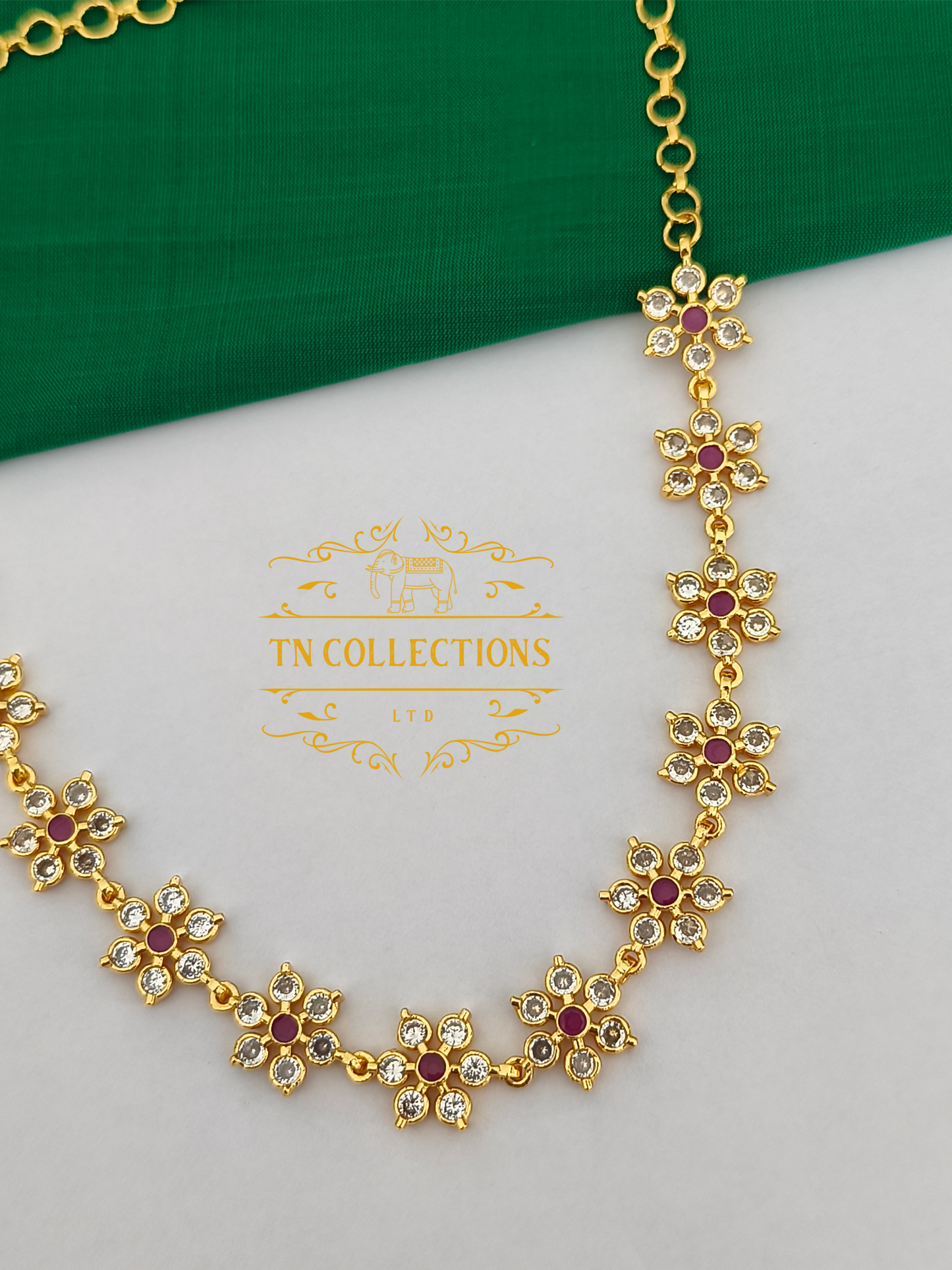 Micro Gold-Plated Floral Choker Necklace (Ruby & White stones)