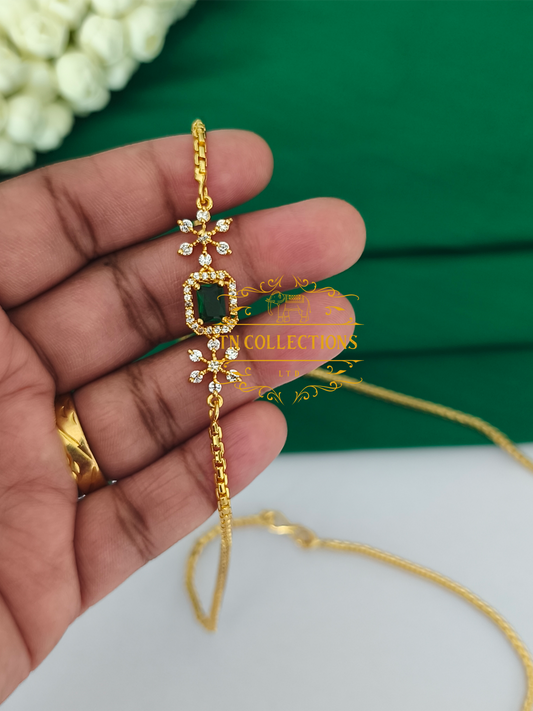 Trendy Unique Gold plated Mugappu Chain ( Emerald Green)