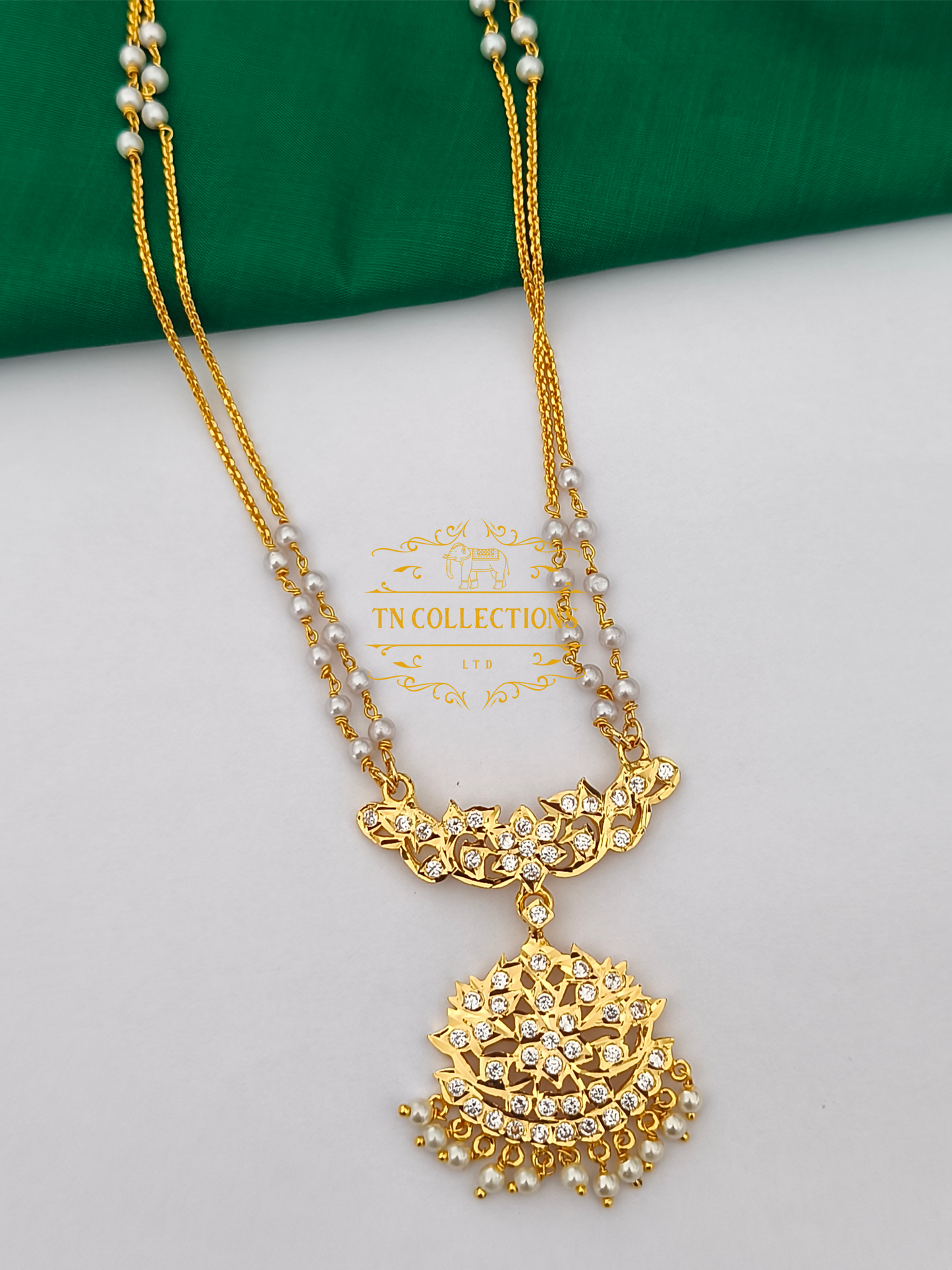 Micro Gold-Plated Traditional Pathakkam with Pearl chain (Full white stones)