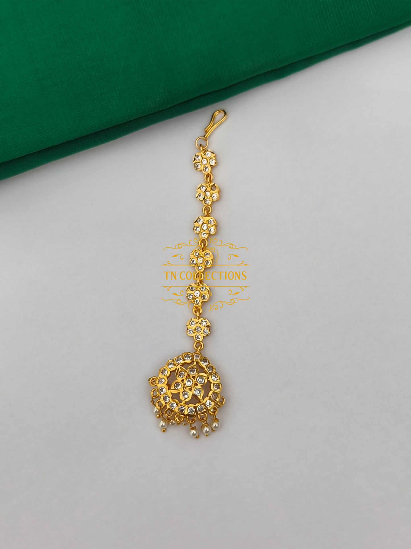 Micro Gold Finish Long Tikka (Full White stones)