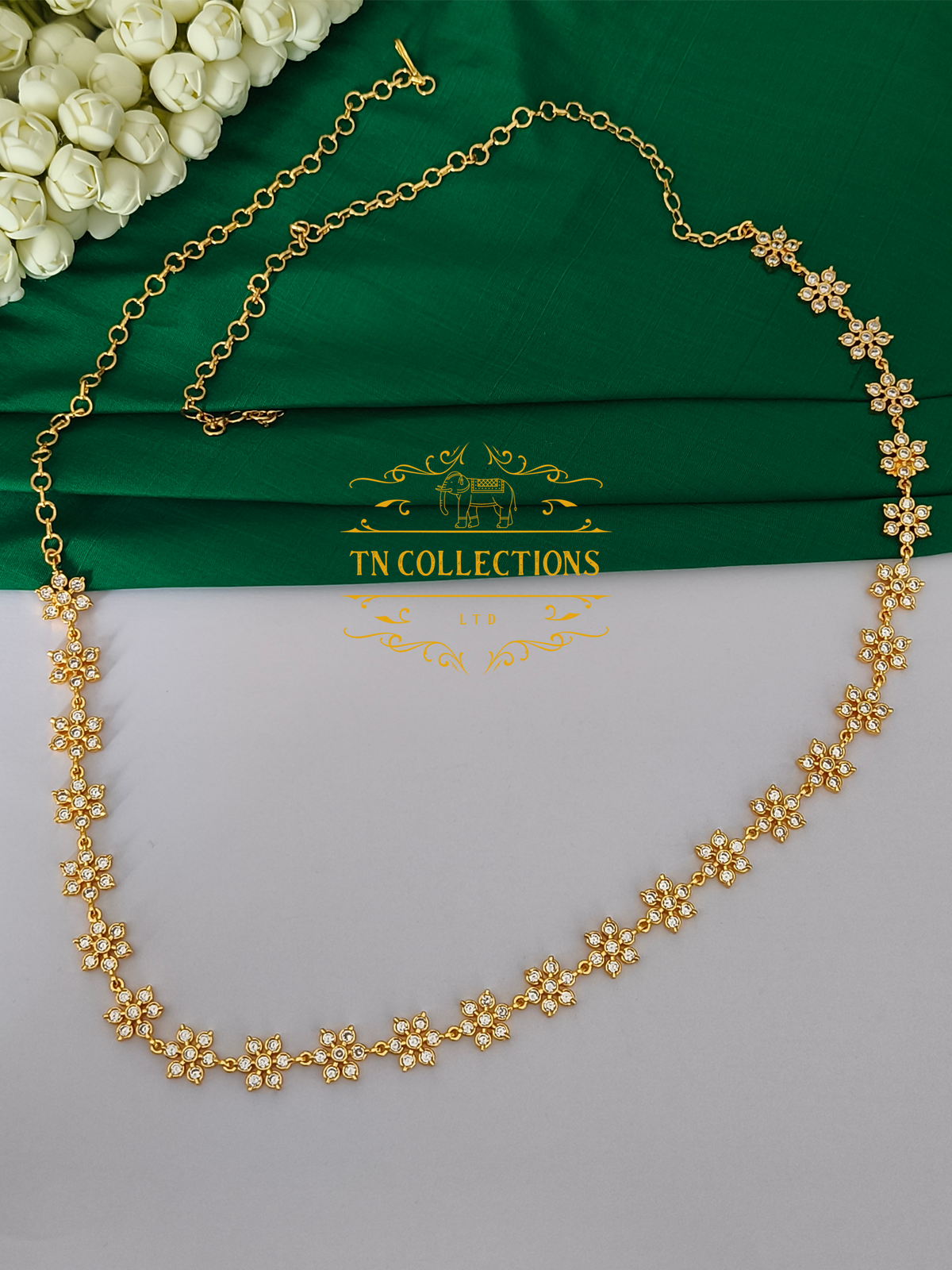 Micro Gold Finish CZ Floral Hip Chain (Full white stones)