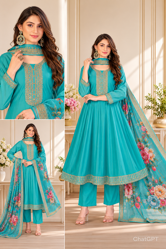 Readymade 3pcs Anarkali Type Shalwar (Teal Colour)- Size M,L