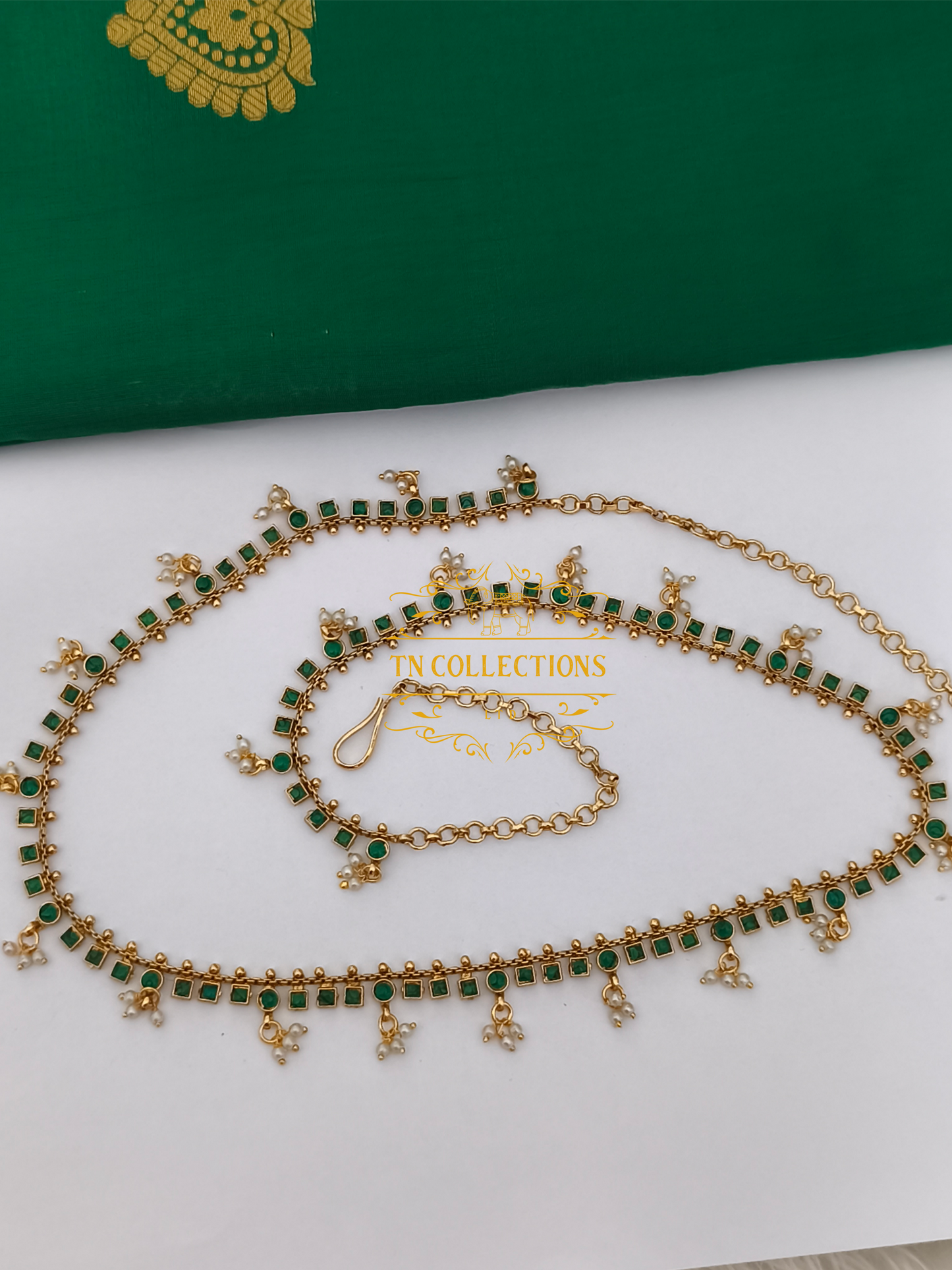 Kemp Stone Brass metal Hip Chain( Green Stones)