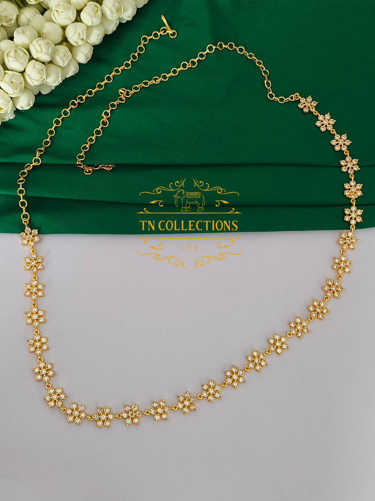 Micro Gold Finish CZ Floral Hip Chain (Full white stones)