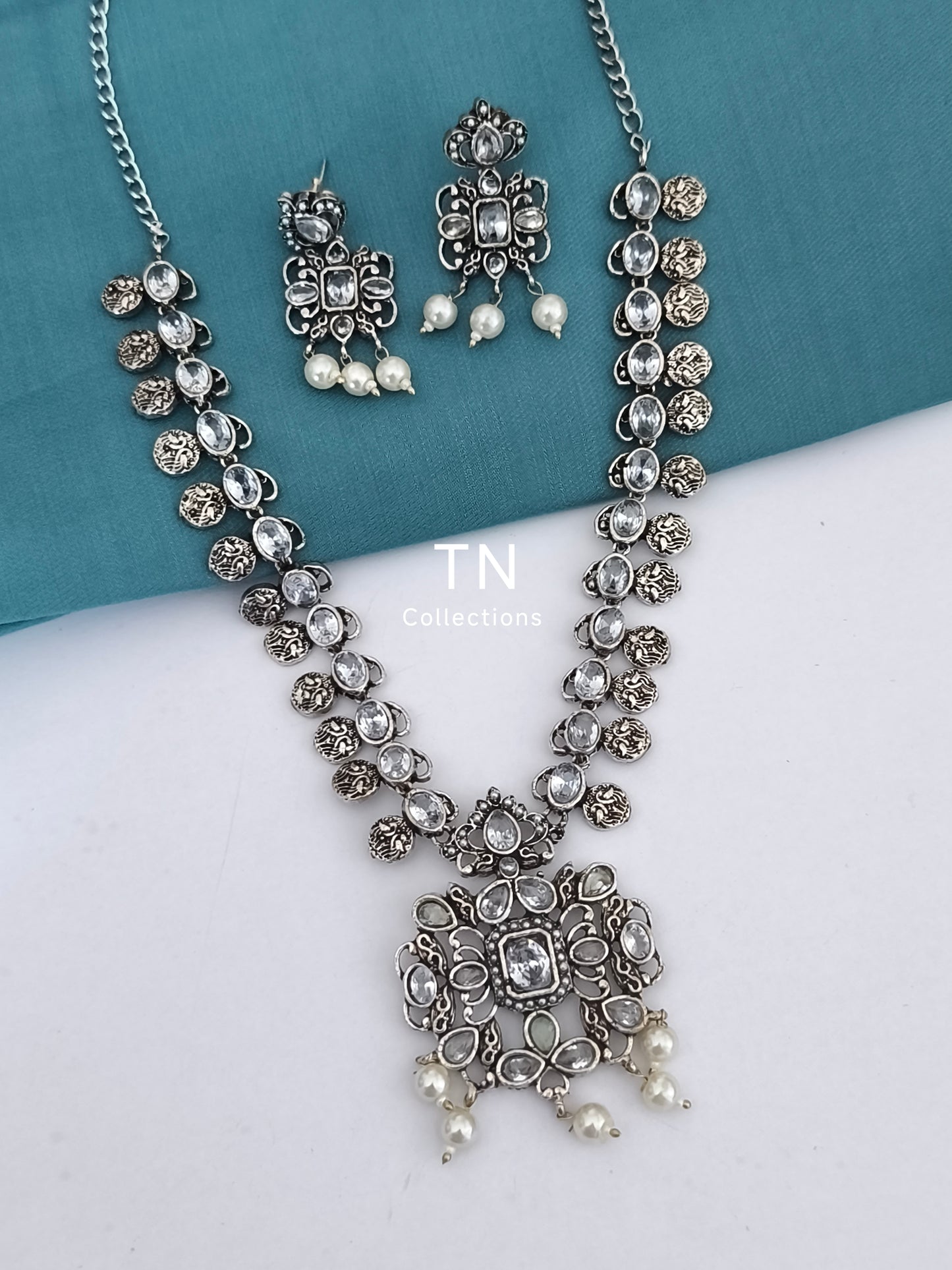 Oxidised Necklace Set- White stone